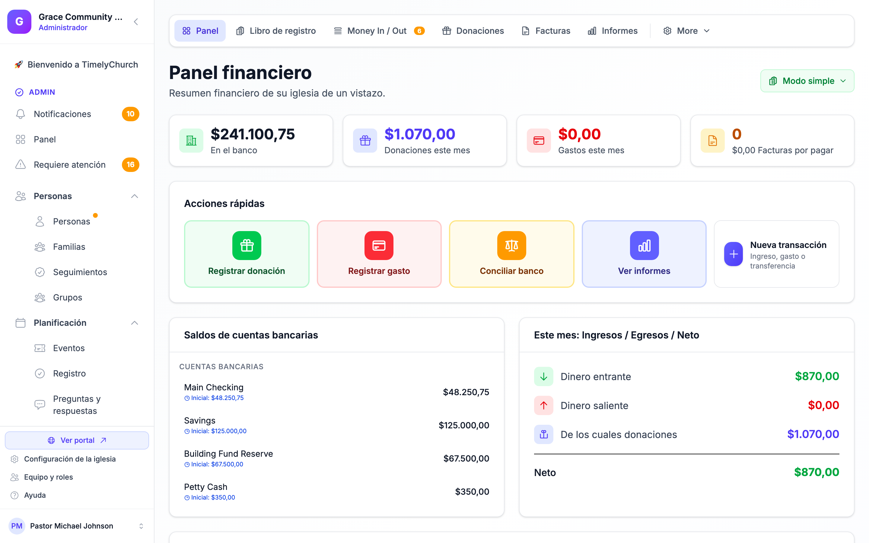 La barra de pestañas de Contabilidad (Panel, Libro de registro, Transacciones, Donaciones, Facturas, Informes) con el menú desplegable Setup ▾ a la derecha, mostrada en la parte superior del Panel de finanzas. La iglesia de demostración está en modo Contabilidad completa (avanzado), por lo que el menú desplegable se etiqueta Setup ▾.
