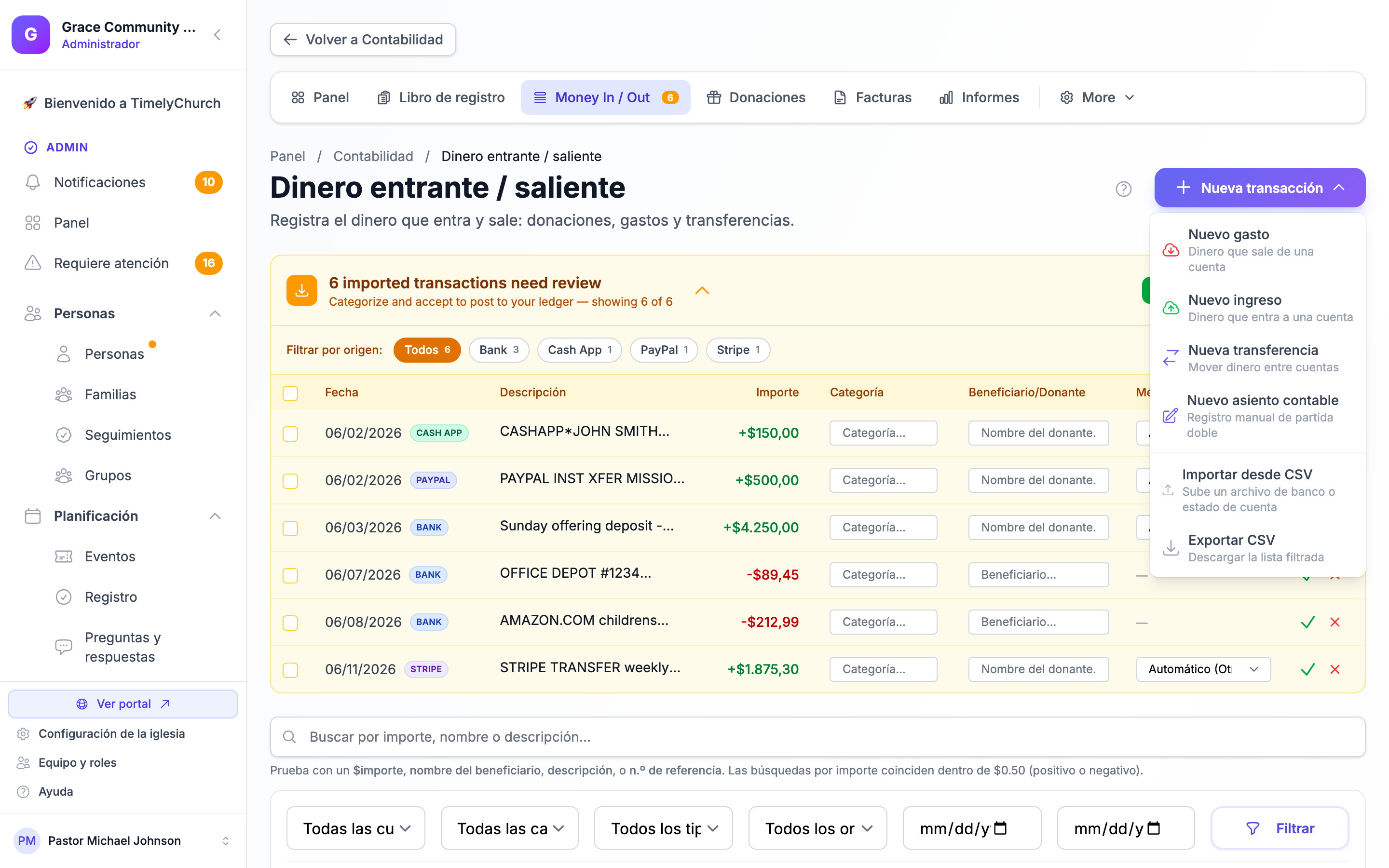 El menú de acción dividida Nueva transacción abierto en la página de Transacciones, mostrando Nuevo gasto, Nuevo ingreso, Nueva transferencia, Nuevo asiento contable, Importar desde CSV y Exportar CSV. Al hacer clic en el botón Nueva transacción se abre o cierra el menú desplegable Alpine.