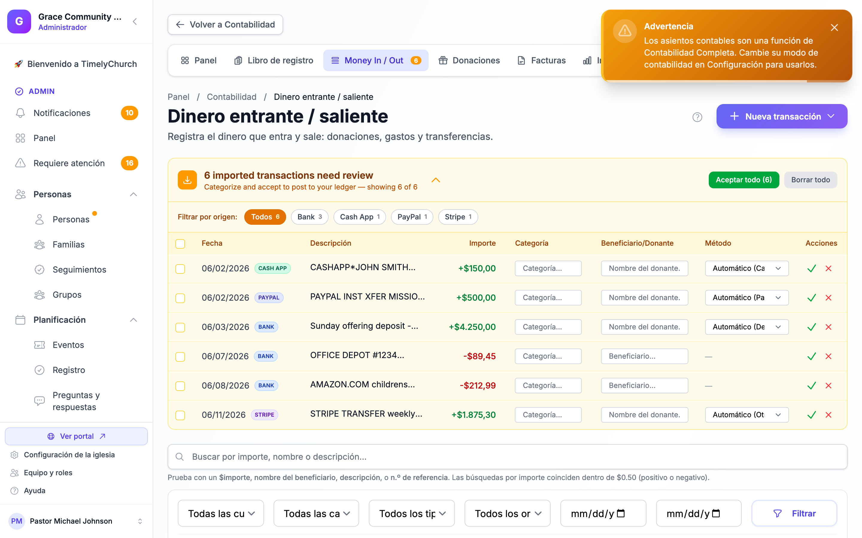 El formulario de Nuevo asiento contable (journal-entries/create) mostrando el encabezado Fecha / Referencia / Descripción, la tabla de Divisiones con columnas Cuenta / Fondo / Nota / Débito / Crédito, el enlace Agregar línea, la fila de Diferencia (Dr − Cr) en ejecución, y el botón Registrar asiento contable desactivado. Captura simple de la página — el formulario completo se renderiza al cargar.
