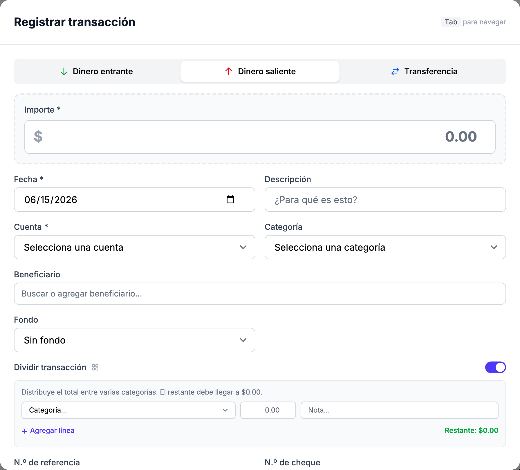 El modal Registrar transacción con el interruptor Dividir transacción activado, mostrando líneas de división (Categoría / Importe / Nota), el enlace Agregar línea, y el indicador Restante: $0.00. Abierto mediante Nueva transacción > Nuevo gasto, luego haga clic en el interruptor Dividir transacción. La cifra Restante comienza distinta de cero (roja) hasta que se ingresan los importes; el panel de división activado es lo que muestra la captura.