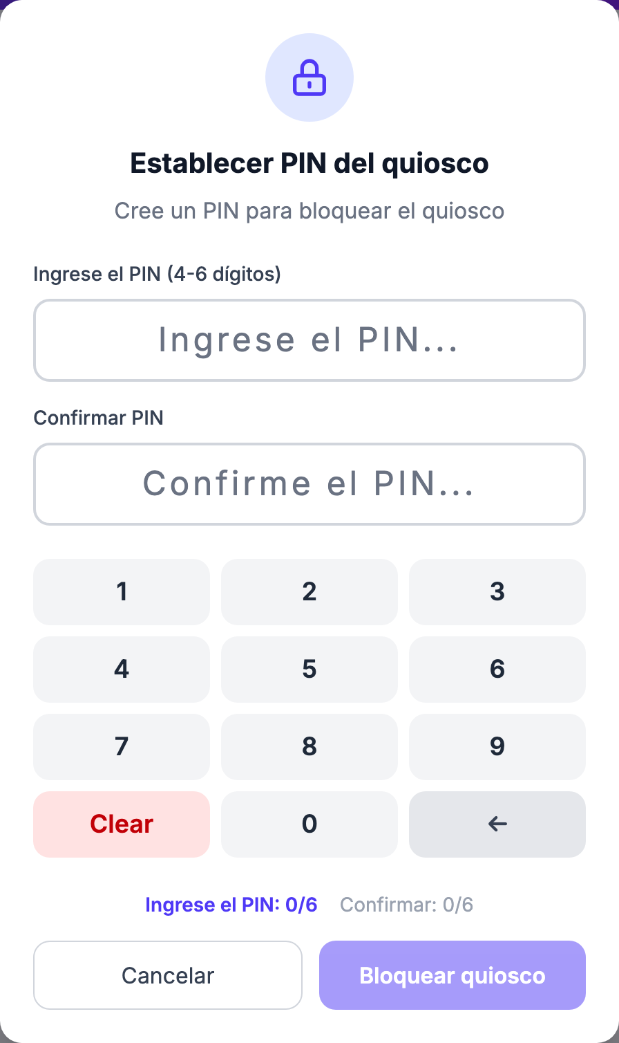 Modal Establecer PIN del quiosco con dos campos de PIN y un teclado numérico en pantalla. El quiosco carga desbloqueado (isLocked=false); al hacer clic en el botón Bloquear del encabezado se ejecuta toggleKioskLock(), que abre el modal showSetPinModal (entradas Nuevo PIN + Confirmar PIN y un teclado numérico 0-9 con Borrar/Entrar).