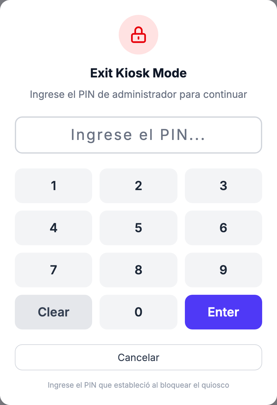 Panel «¿Qué desea hacer?» tras verificar el PIN, que muestra los botones de opción Desbloquear quiosco y Salir del modo quiosco. Este panel solo se renderiza cuando el quiosco está bloqueado (isLocked=true) Y se ha ingresado un PIN correcto (pinVerified=true). Hacer clic en «Salir del modo quiosco» en el pie desbloqueado abre el modal de salida en su paso de ingreso de PIN; el panel de opciones verificadas no puede alcanzarse sin escribir el PIN previamente configurado, lo que la preparación clickText/dispatch/wait no puede hacer. La mejor captura posible es el modal de salida con ingreso de PIN.