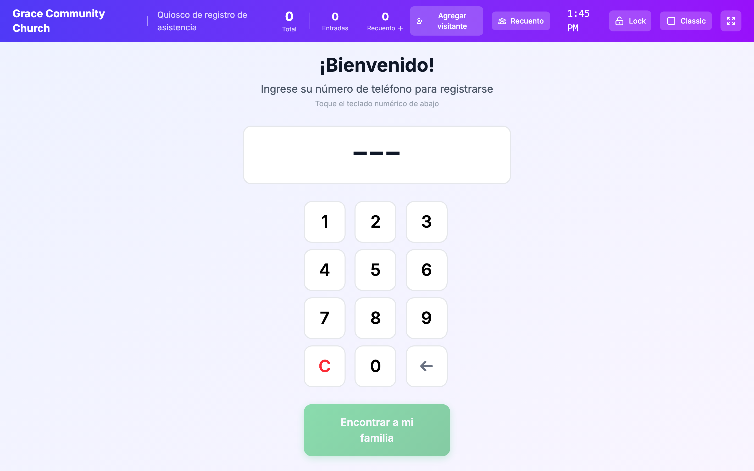 Quiosco en diseño Clásico con el teclado numérico de teléfono centrado. El controlador del quiosco usa por defecto el diseño 'classic' y el paso Alpine por defecto es 'phone' cuando existen 0 o 1 sesiones activas, por lo que la pantalla de ingreso de teléfono Clásica (pantalla de teléfono + teclado numérico 0-9 + 'Encontrar a mi familia' / acción de búsqueda) se renderiza al cargar sin interacción necesaria.