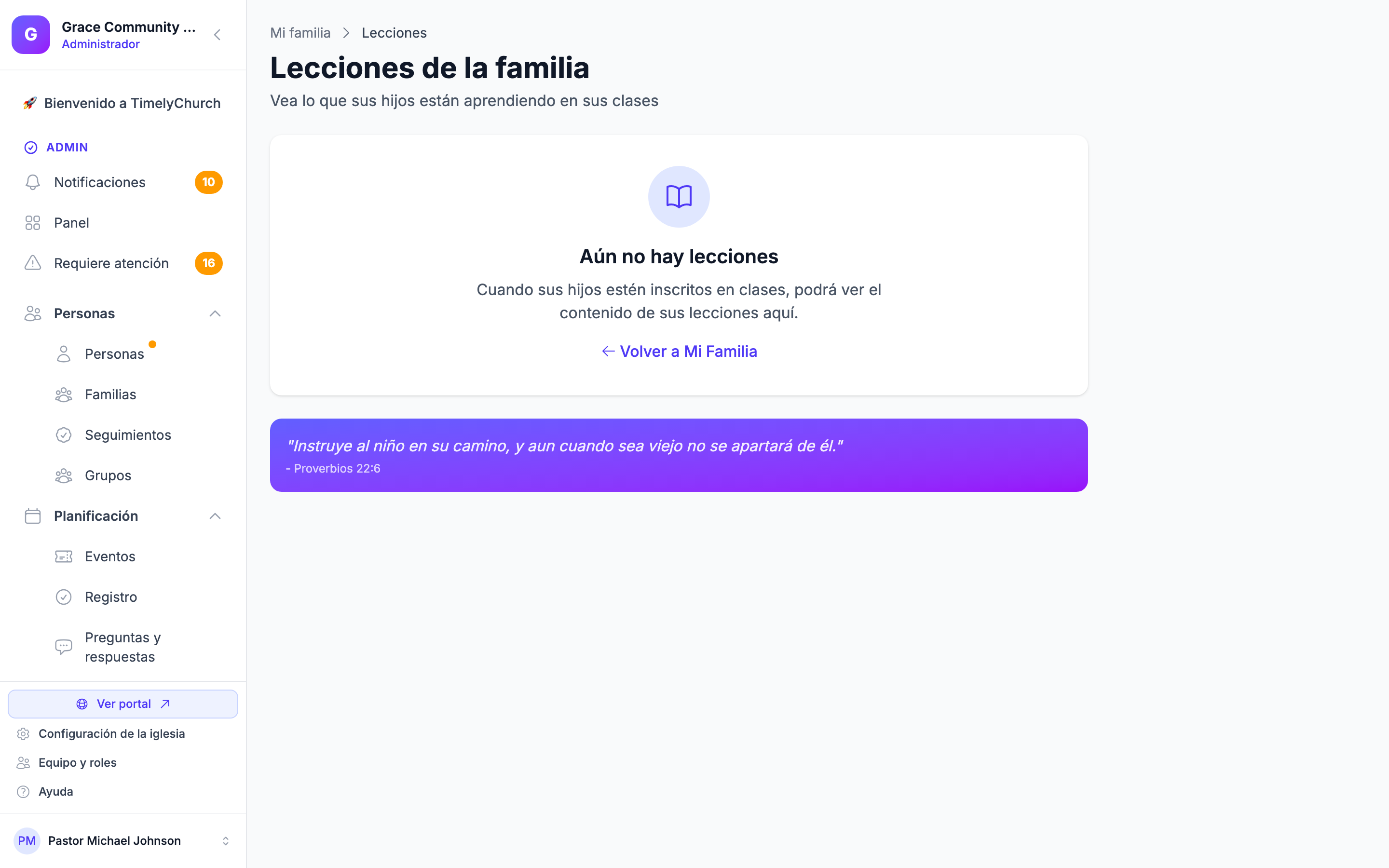 Página del portal del miembro Lecciones de la familia (encabezado 'Family Lessons', subtítulo 'See what your children are learning in their classes') que muestra el nombre de cada niño con su clase, título de lección reciente, versículo de memoria y actividad en el hogar. Esta es una página del portal del miembro, no una página de administrador. Muestra un estado vacío si el miembro con sesión iniciada no tiene hijos inscritos en clases con lecciones programadas en la ventana de 6 semanas atrás / 2 semanas adelante.