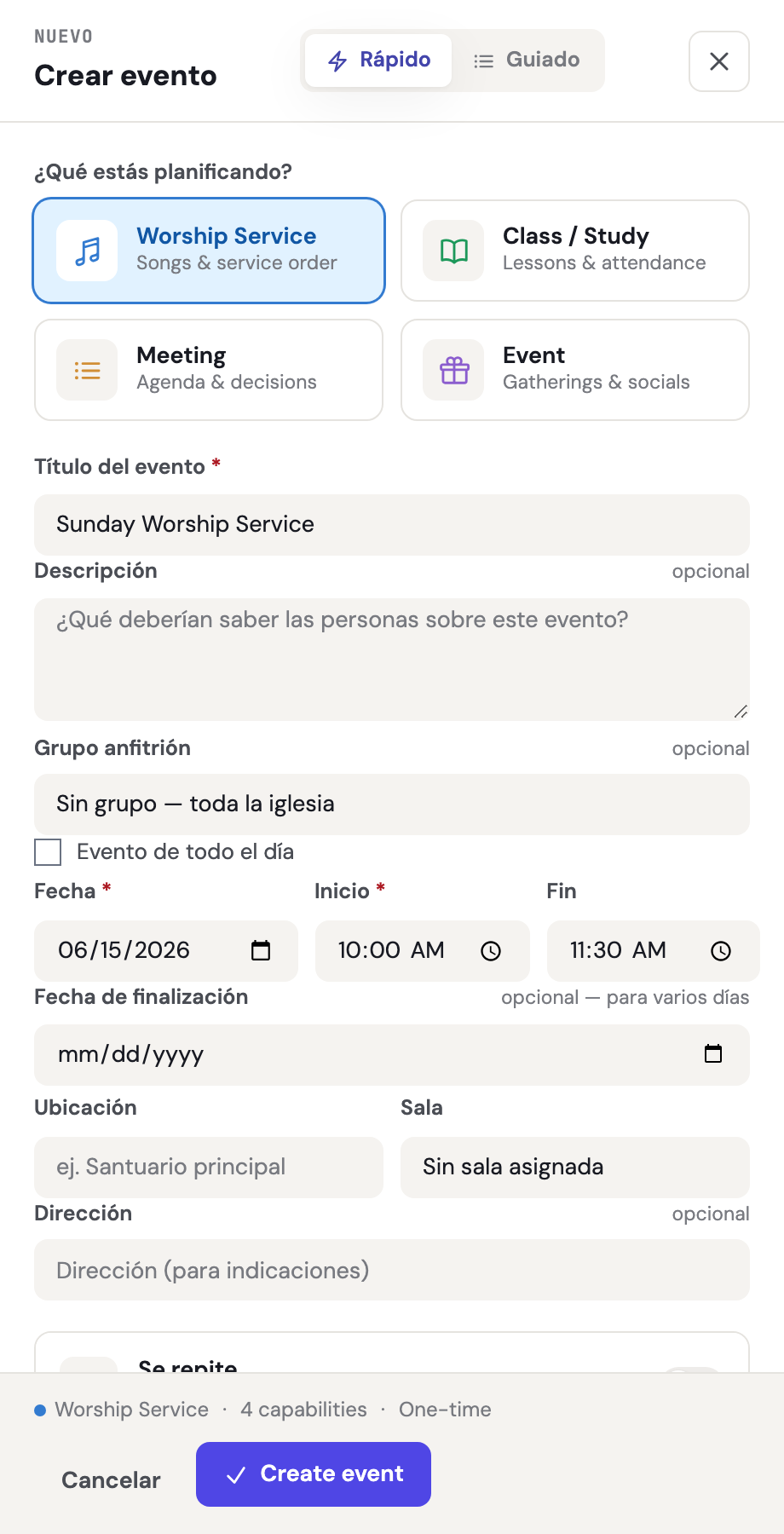 El panel Crear evento mostrando el interruptor Rápido / Guiado en la parte superior