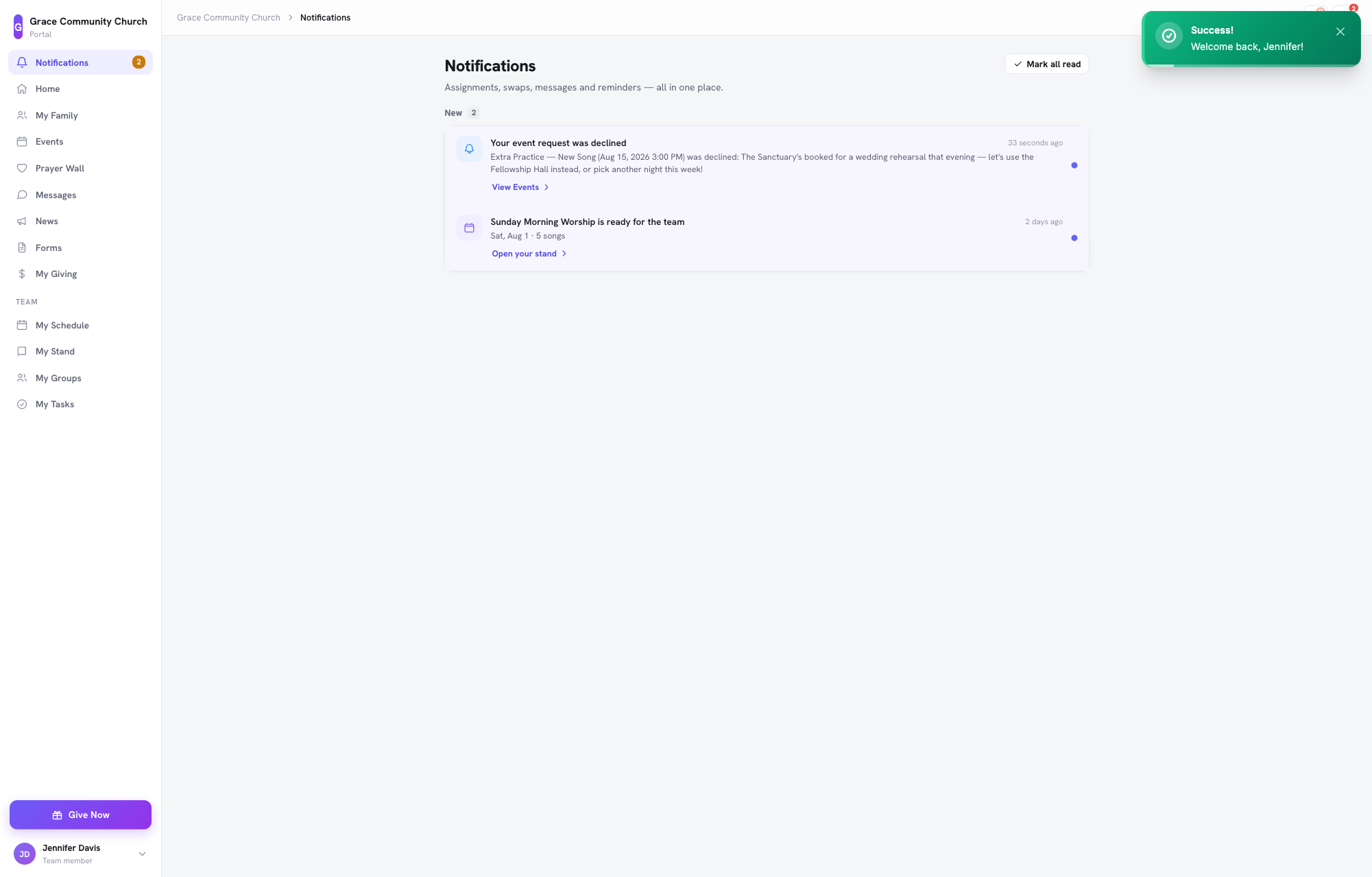 La pantalla de notificaciones de un miembro mostrando una solicitud de evento rechazada, con la nota del aprobador incluida en el mensaje