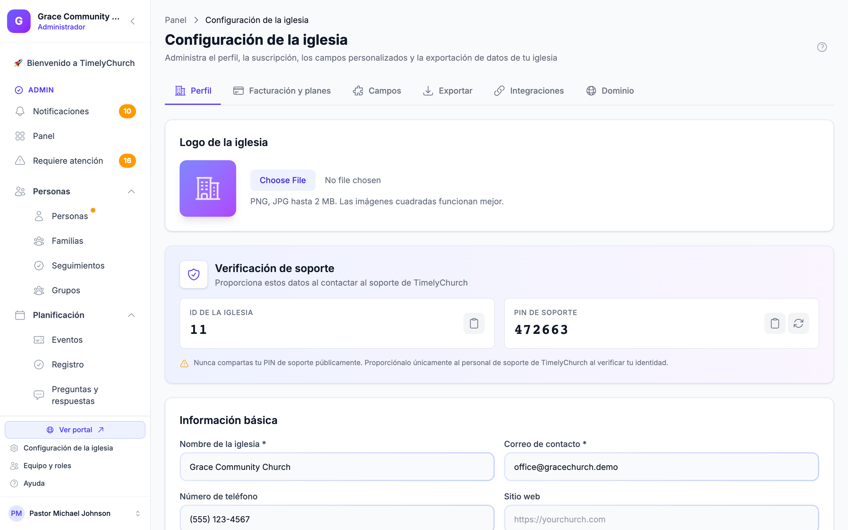 Página Configuración de la iglesia que muestra la navegación por pestañas en la parte superior