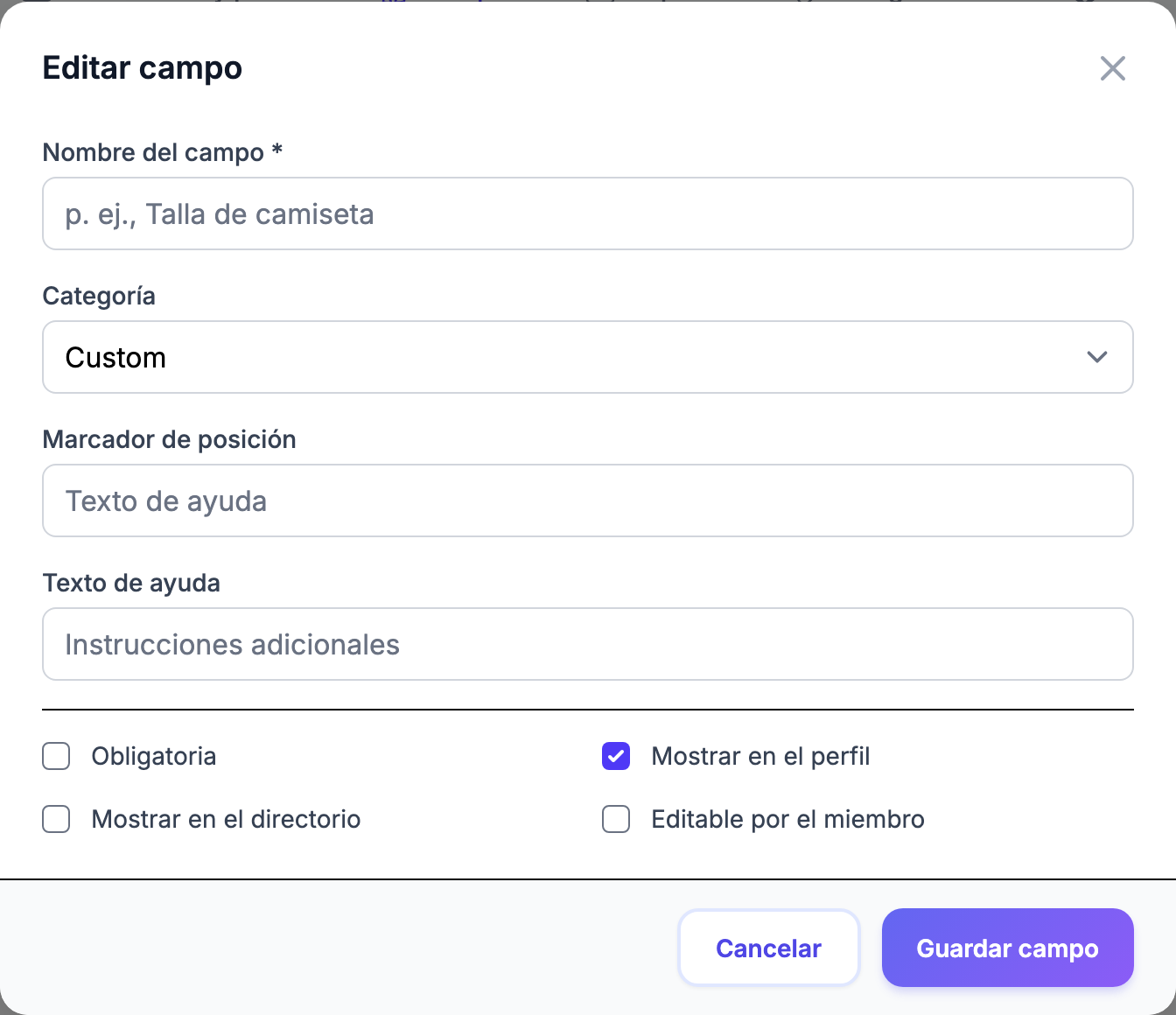 Diálogo de creación de campo personalizado que muestra la selección de tipo de campo y opciones de configuración