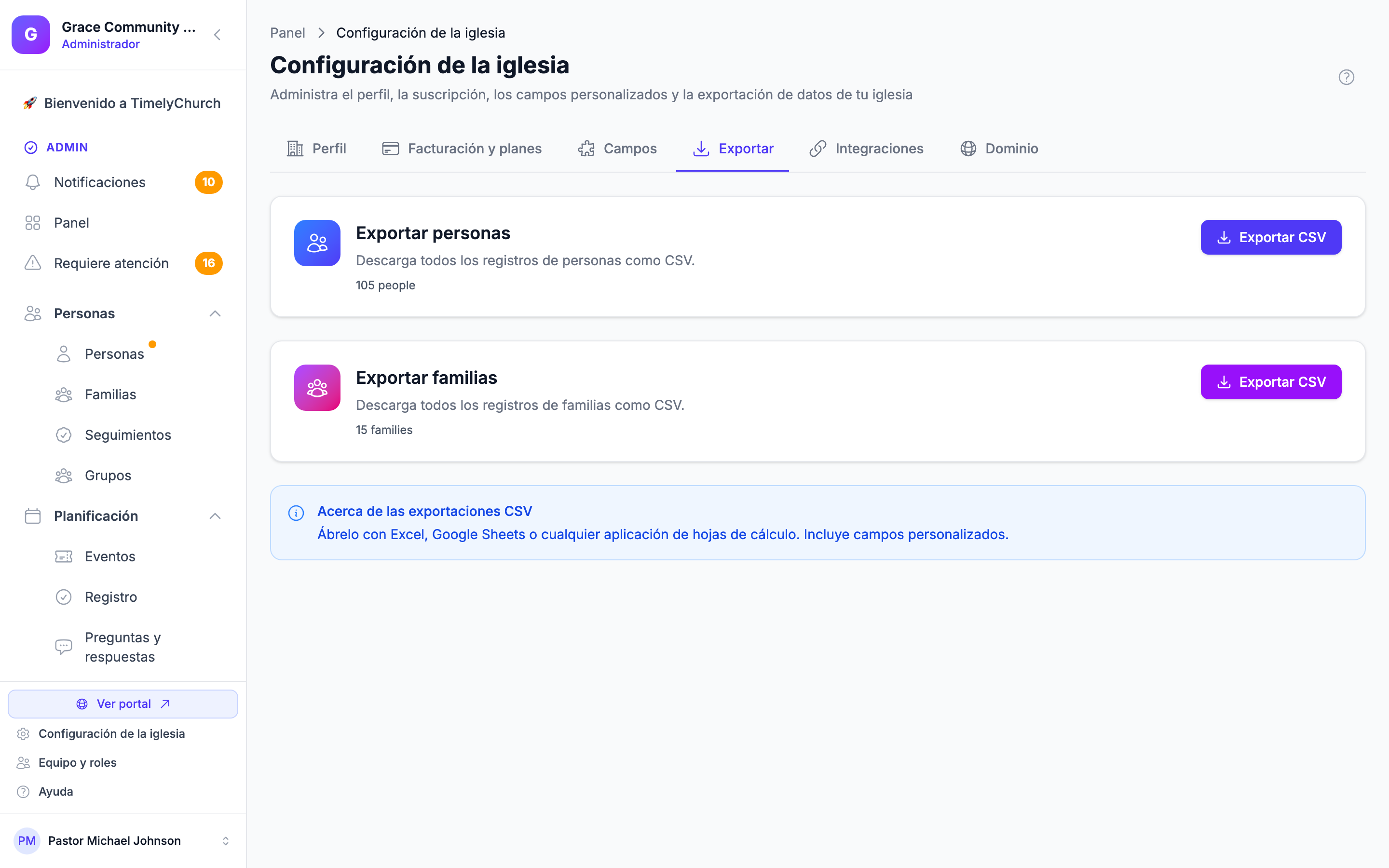 Pestaña Exportar que muestra las tarjetas Exportar personas y Exportar familias con conteos de registros y botones Exportar CSV