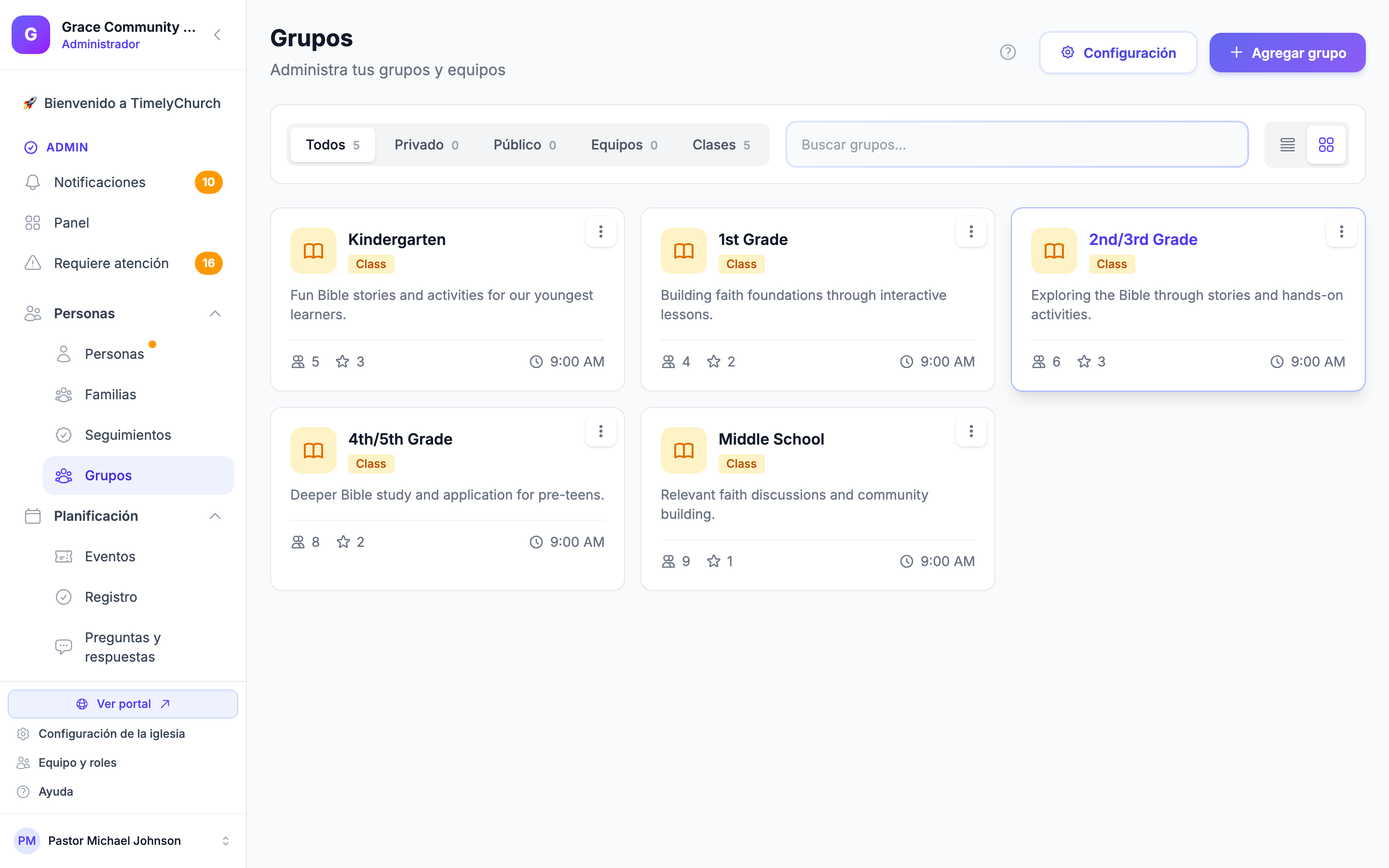 Página Grupos que muestra varios grupos con conteos de miembros