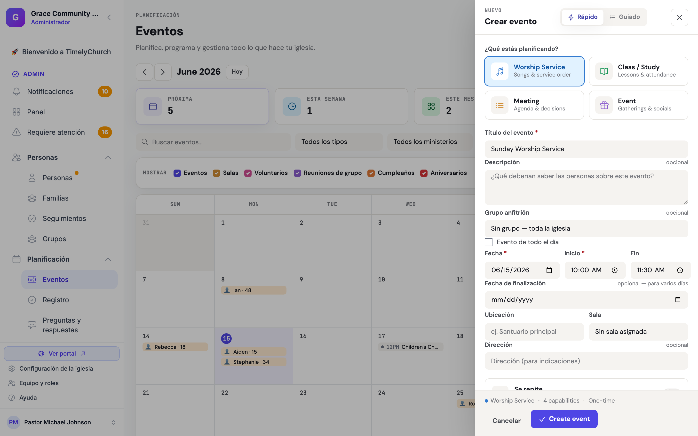 Panel Crear evento con el selector Rápido/Guiado, selector de tipo y detalles del evento