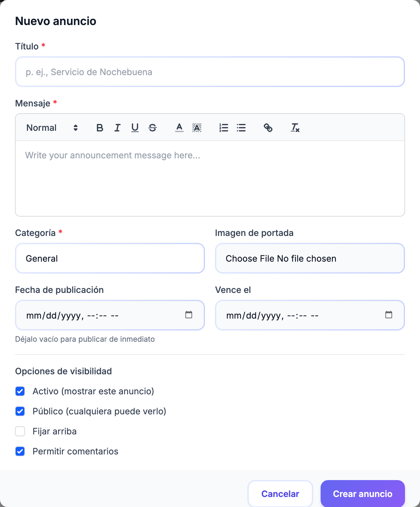 Formulario Nuevo anuncio con título, contenido y opción de fijar