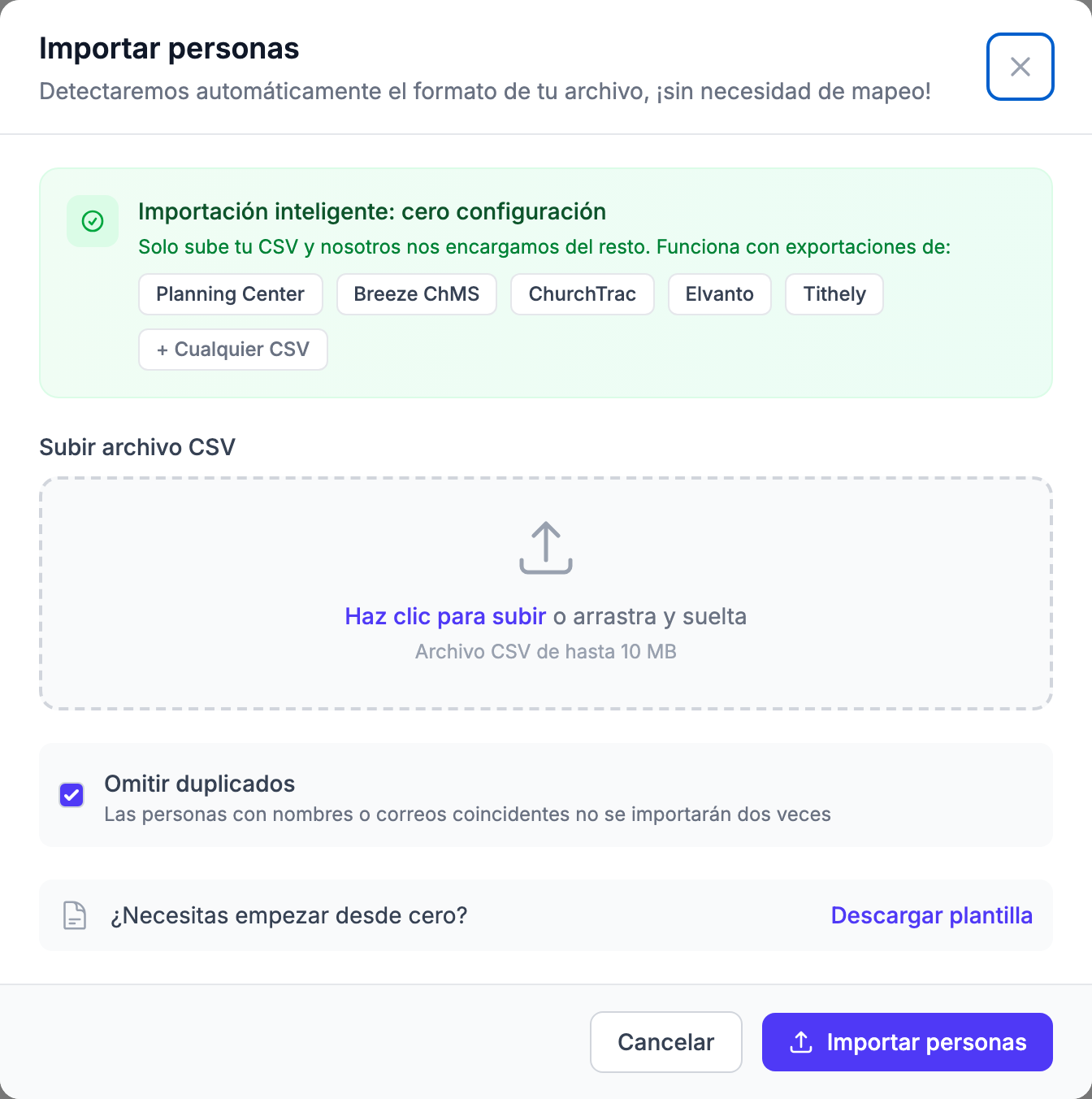 Ventana Importar personas con el panel Importación inteligente: cero configuración, área de carga de CSV con arrastrar y soltar, casilla Omitir duplicados, enlace Descargar plantilla y botón Importar personas