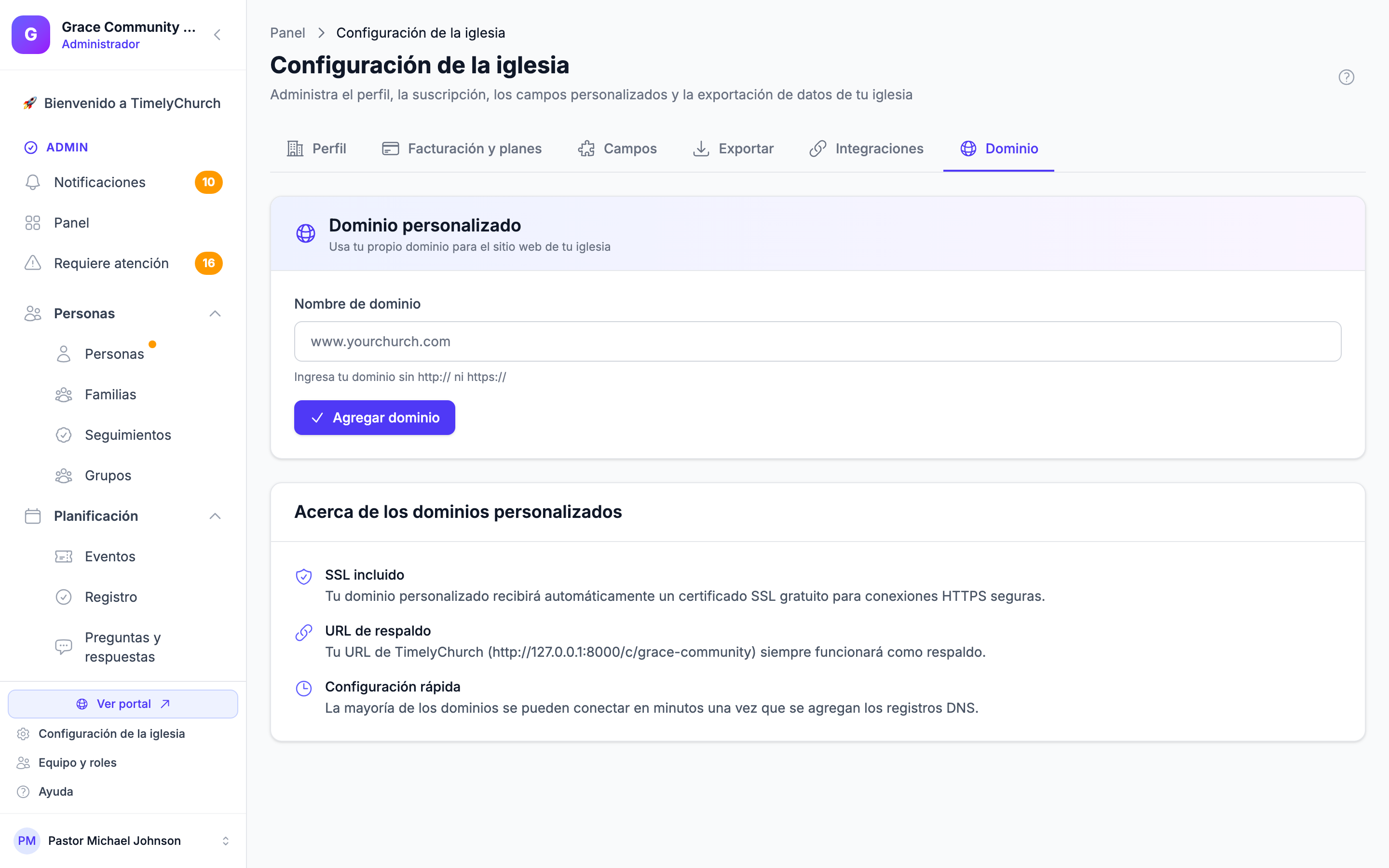 Pestaña Dominio que muestra el estado Verificado y activo con una marca de verificación verde