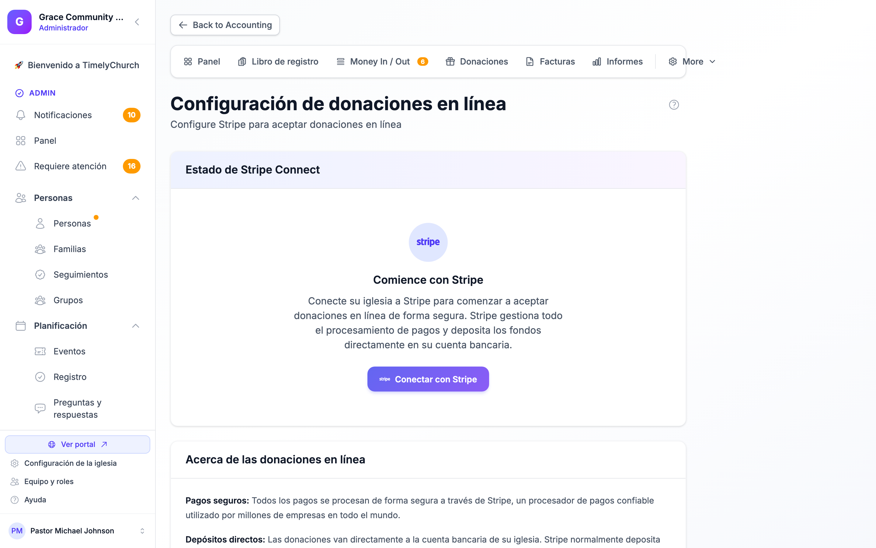 La tarjeta de estado de Stripe Connect que muestra "Listo para aceptar donaciones" con la lista de verificación Datos enviados / Cobros habilitados / Pagos habilitados