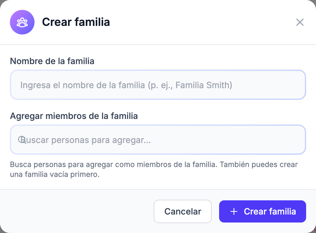 Cuadro de diálogo Crear familia que muestra el campo de nombre de familia, el menú desplegable de rol y la búsqueda de miembros