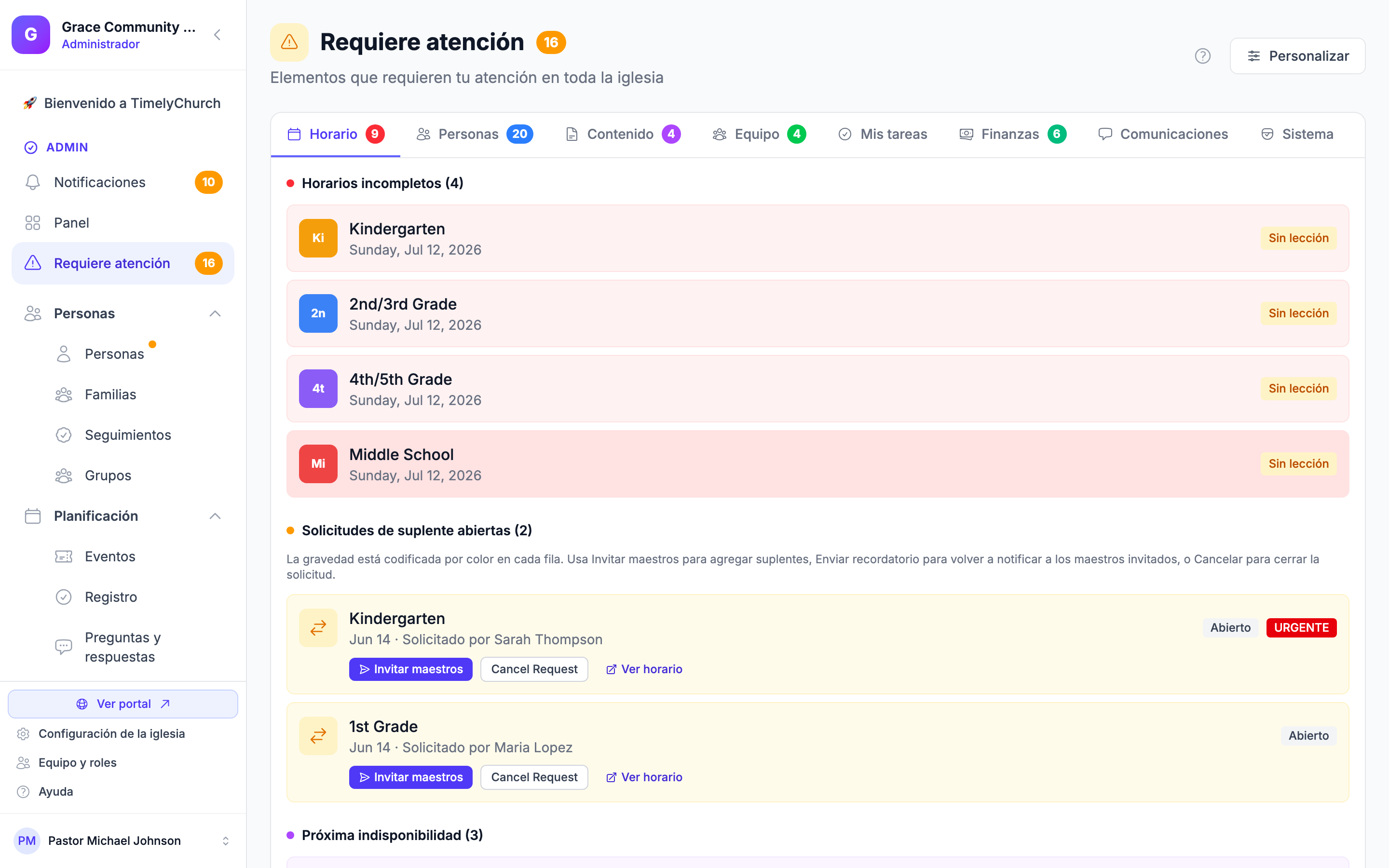 Panel de Seguimientos que muestra tarjetas de tareas con insignias de estado, fechas de vencimiento y responsables