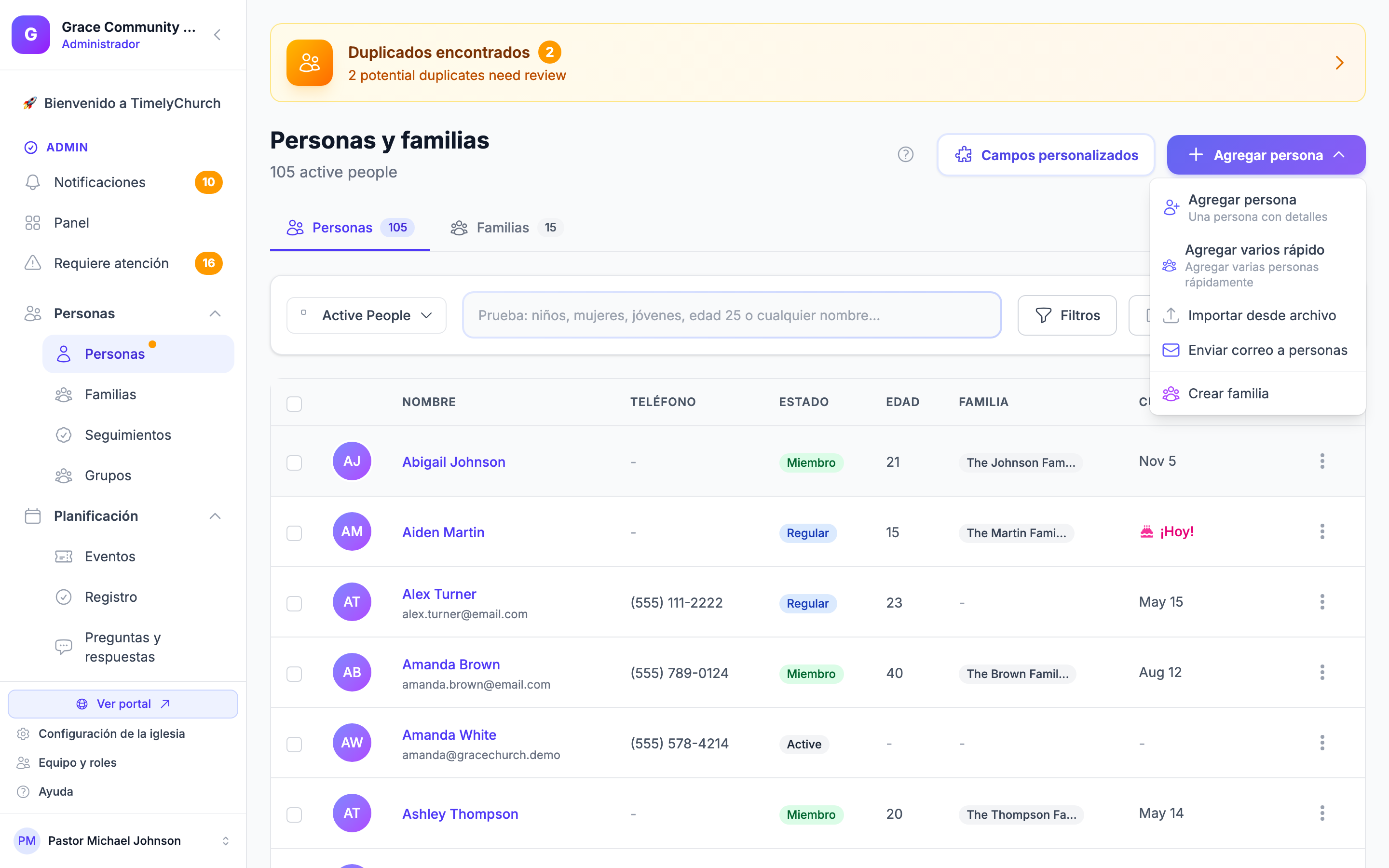 Página de Personas con el menú desplegable Agregar persona abierto, mostrando la opción «Importar desde archivo»