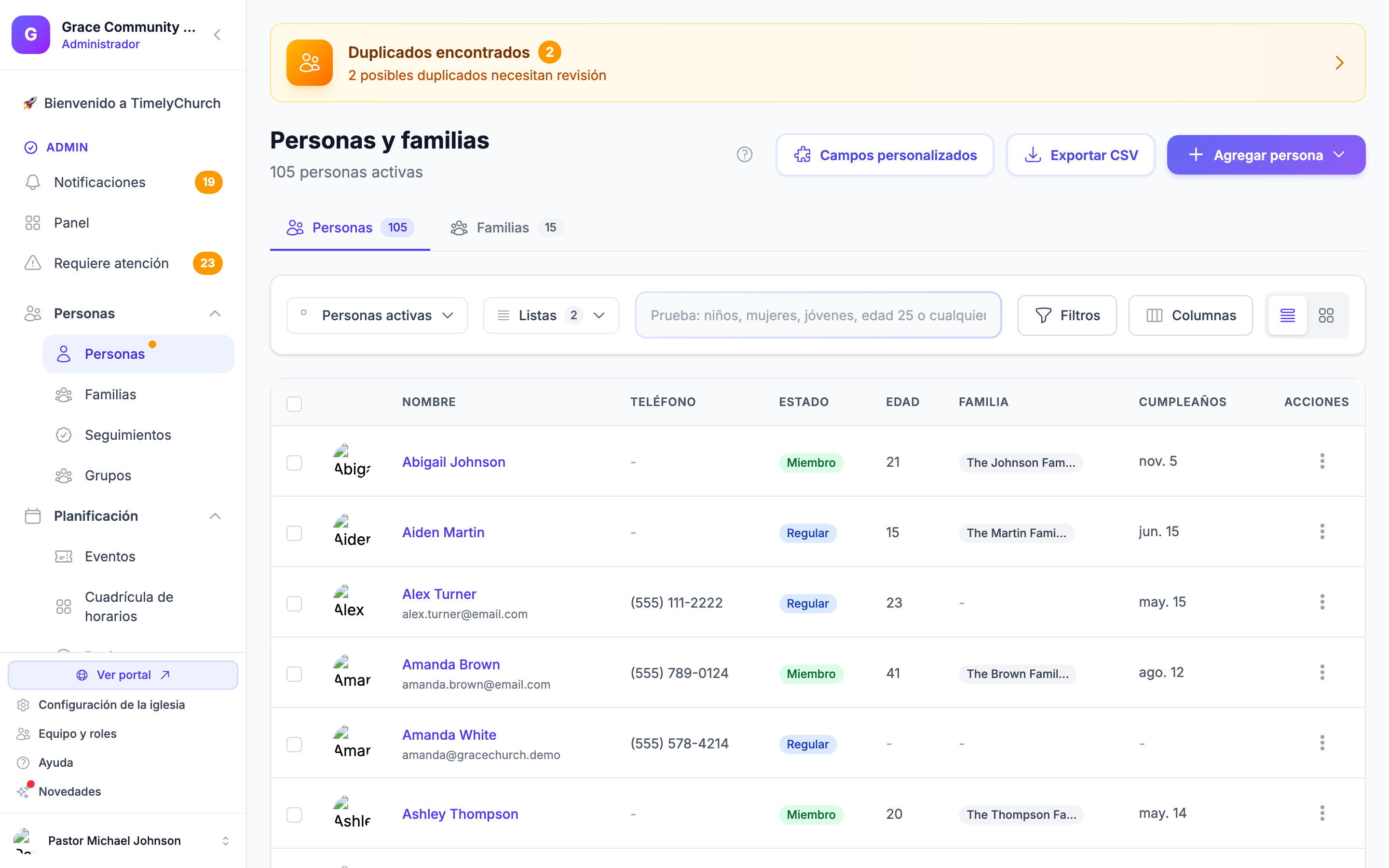 La barra de la página de Personas: el control de Listas con su contador en vivo está entre el selector de estado y la búsqueda, junto a Filtros y Columnas.