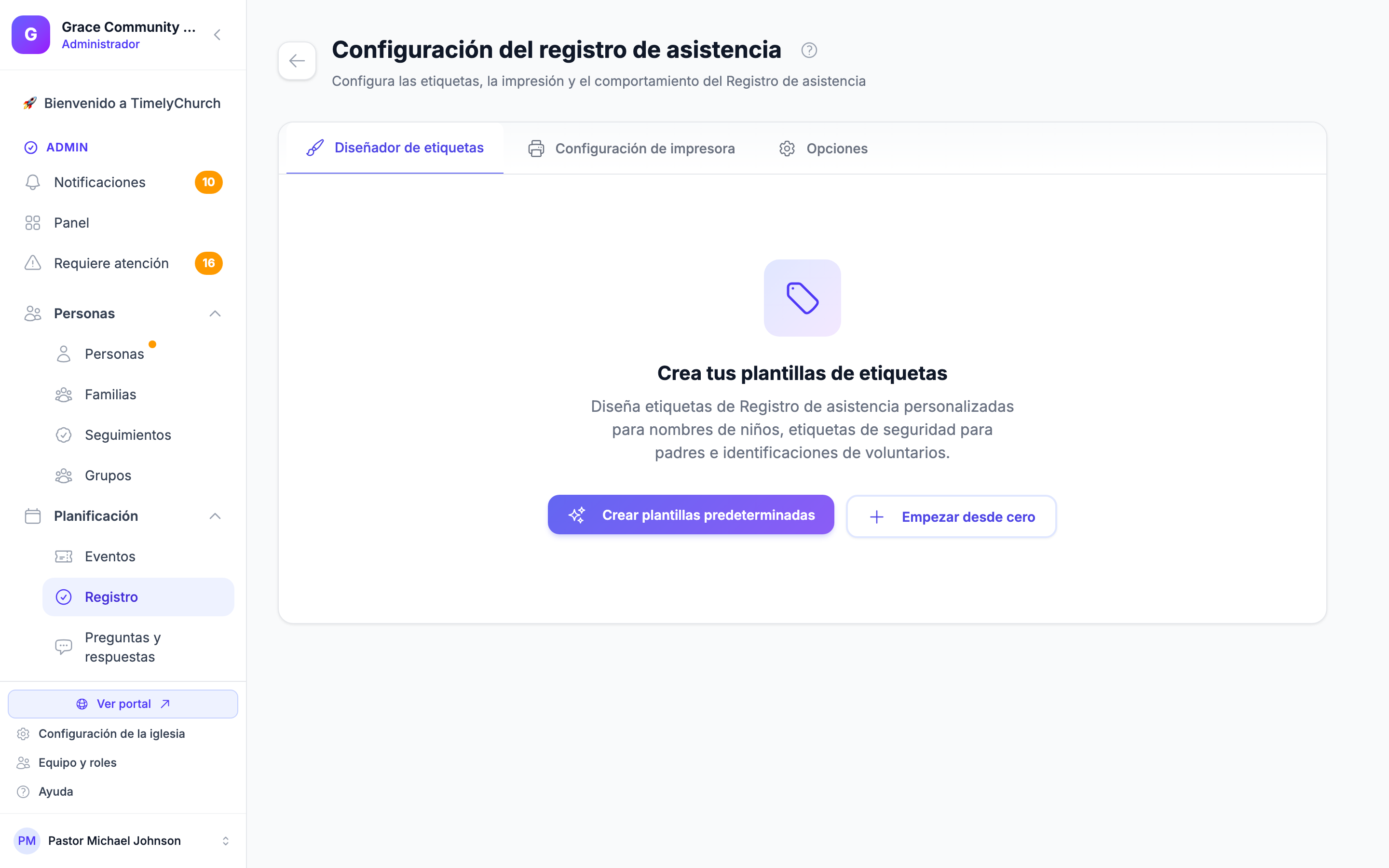 La página Configuración del registro de asistencia con las pestañas Diseñador de etiquetas, Configuración de impresora y Opciones en la parte superior.