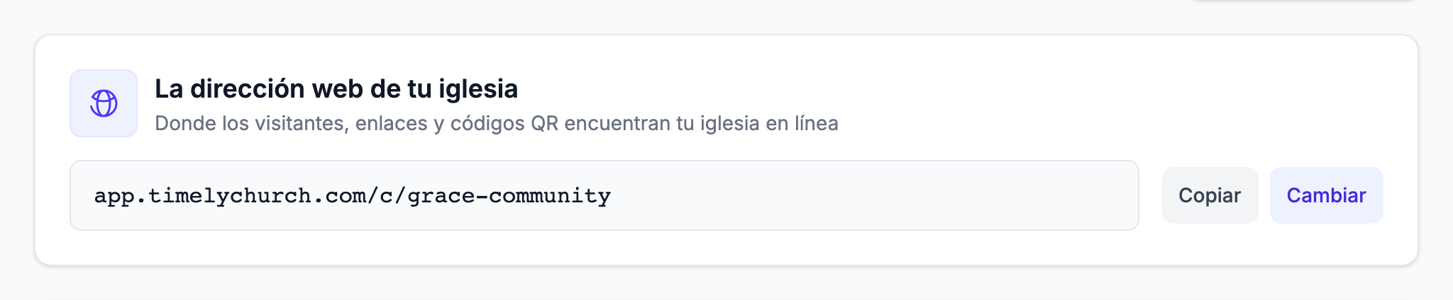 La tarjeta «La dirección web de tu iglesia» en la pestaña Perfil de la configuración, con la dirección completa y los botones Copiar y Cambiar