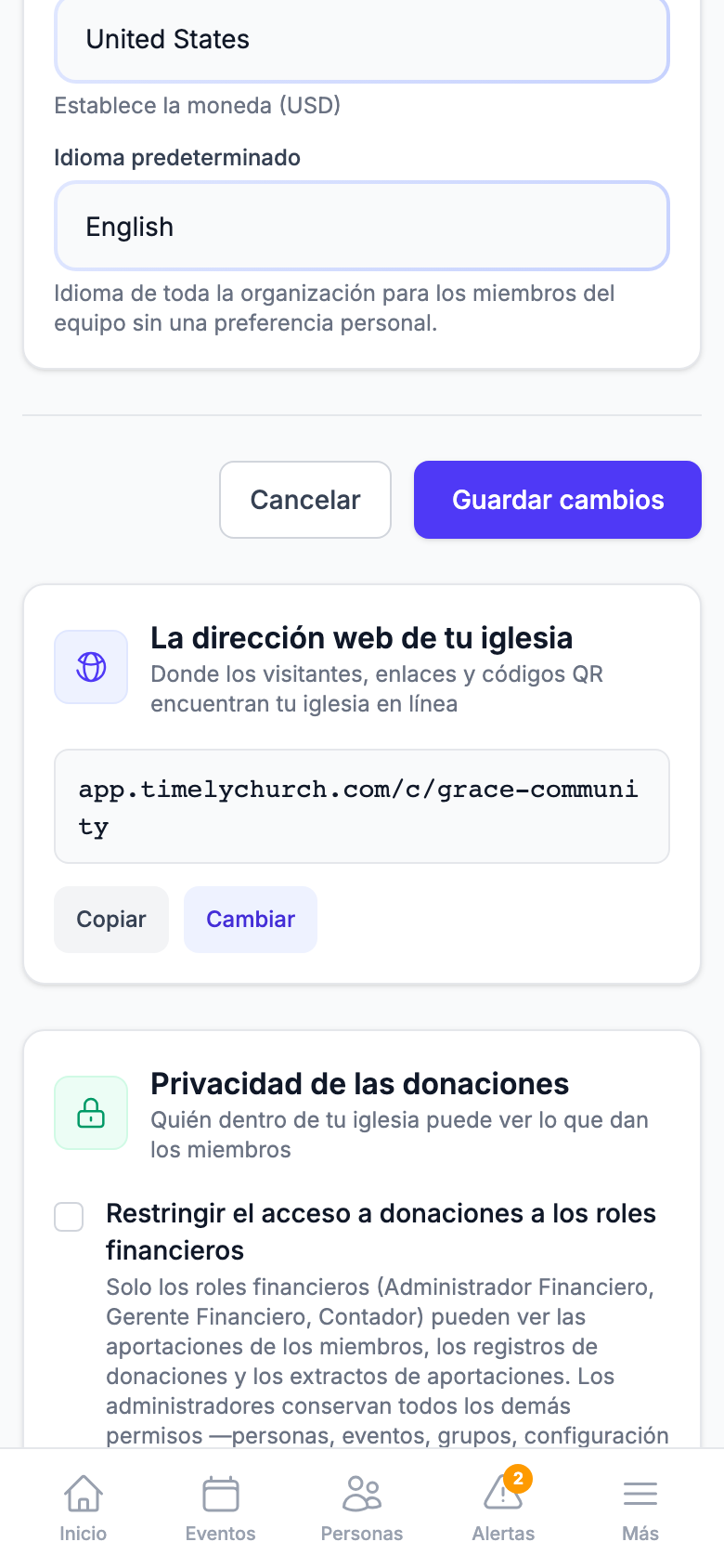 La misma tarjeta en el móvil, con la dirección y los botones Copiar y Cambiar apilados