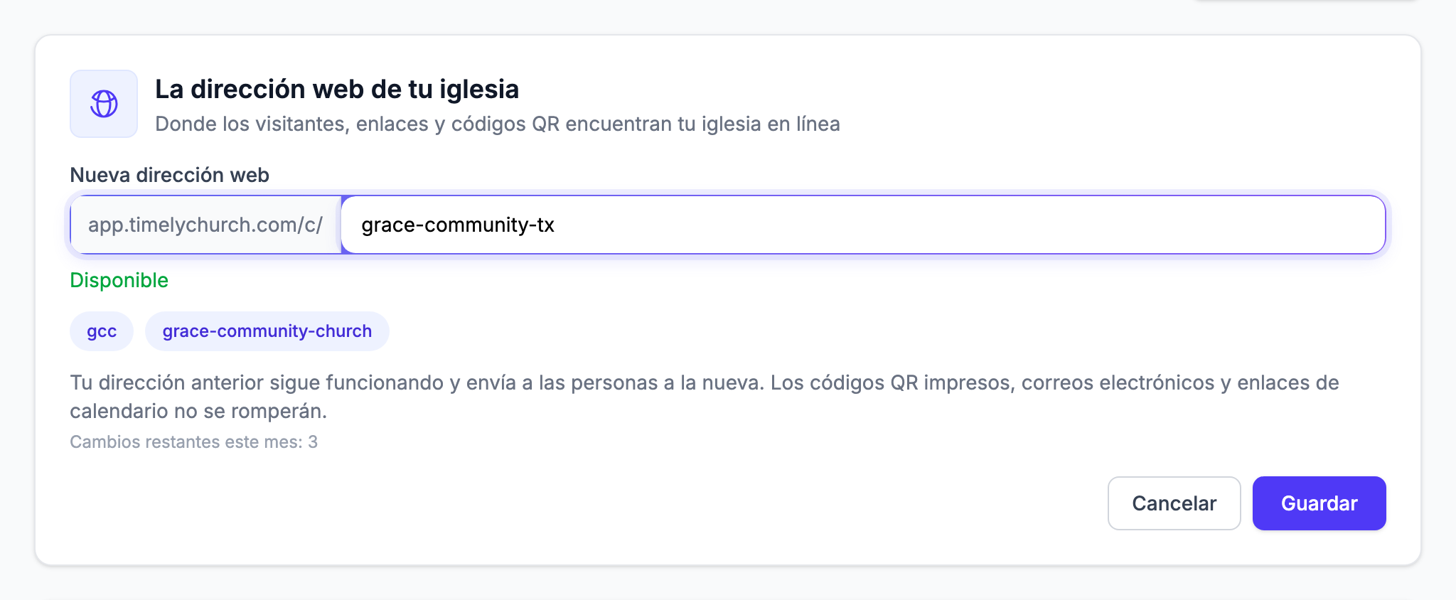 El formulario de cambio abierto, con una dirección nueva escrita, «Disponible» en verde debajo, las sugerencias y la frase de la promesa