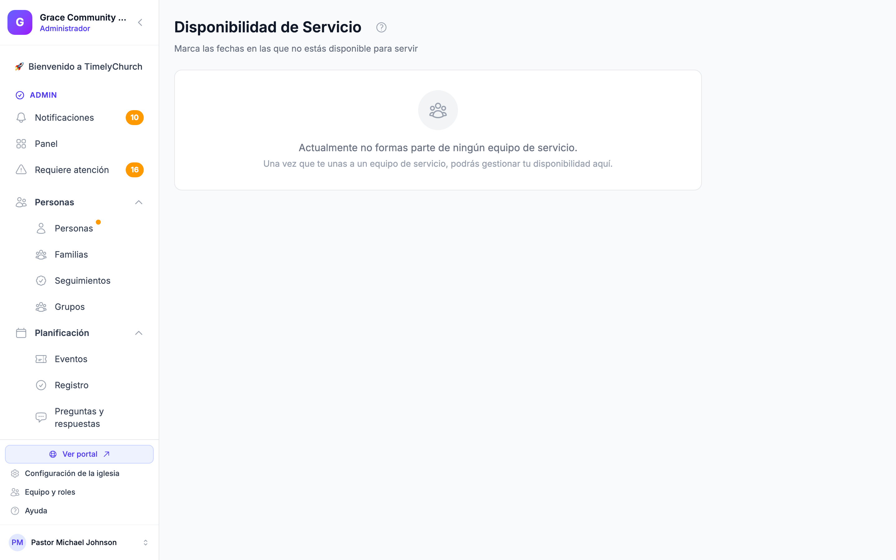 La página de Disponibilidad de Servicio que muestra las etiquetas de «Tus equipos de servicio», la sección plegable de Preferencias de programación, la lista de Próximas fechas no disponibles y el panel de Patrones recurrentes.