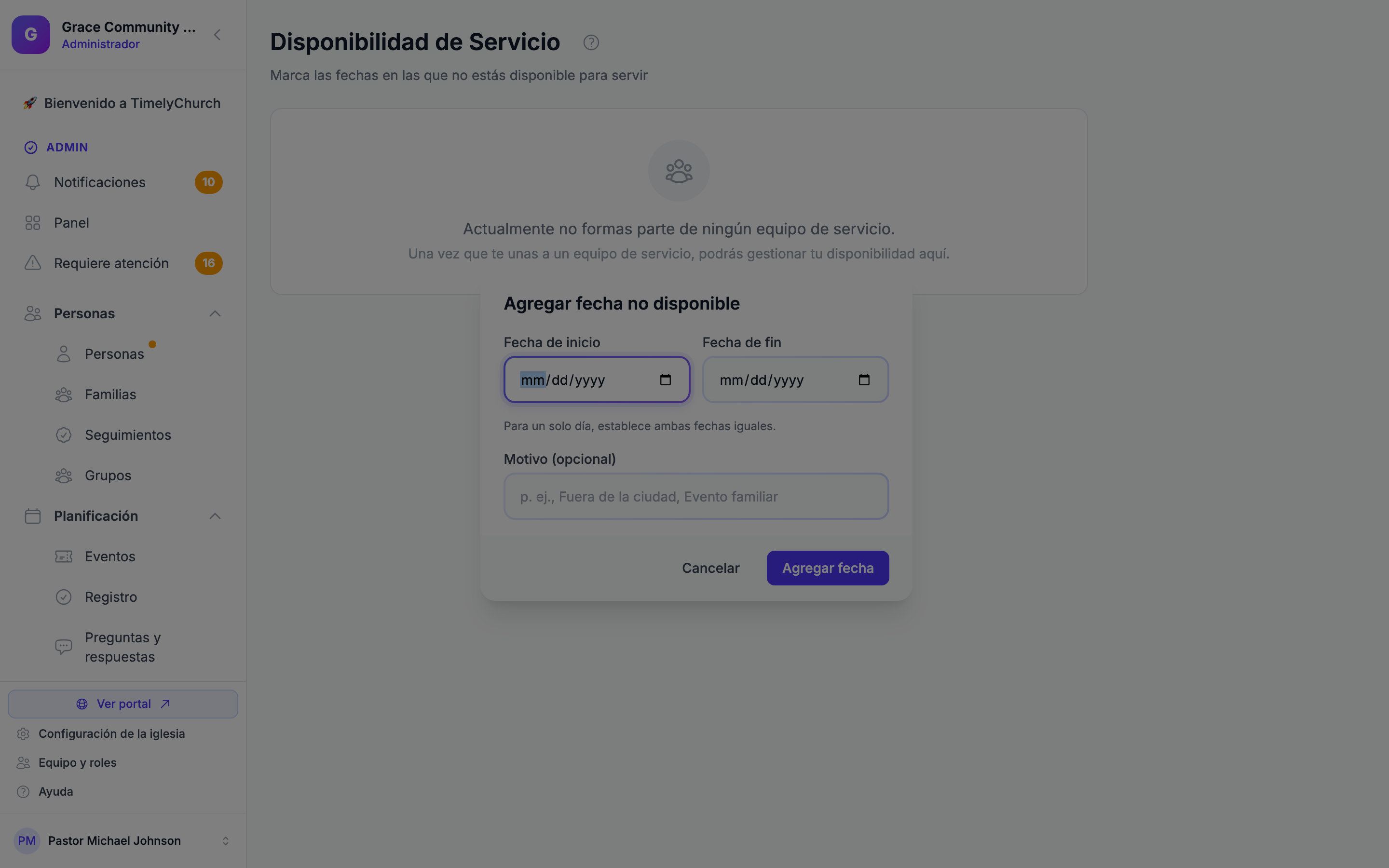El modal Agregar fecha no disponible con Fecha de inicio, Fecha de fin y un campo Motivo opcional, además del botón Agregar fecha.