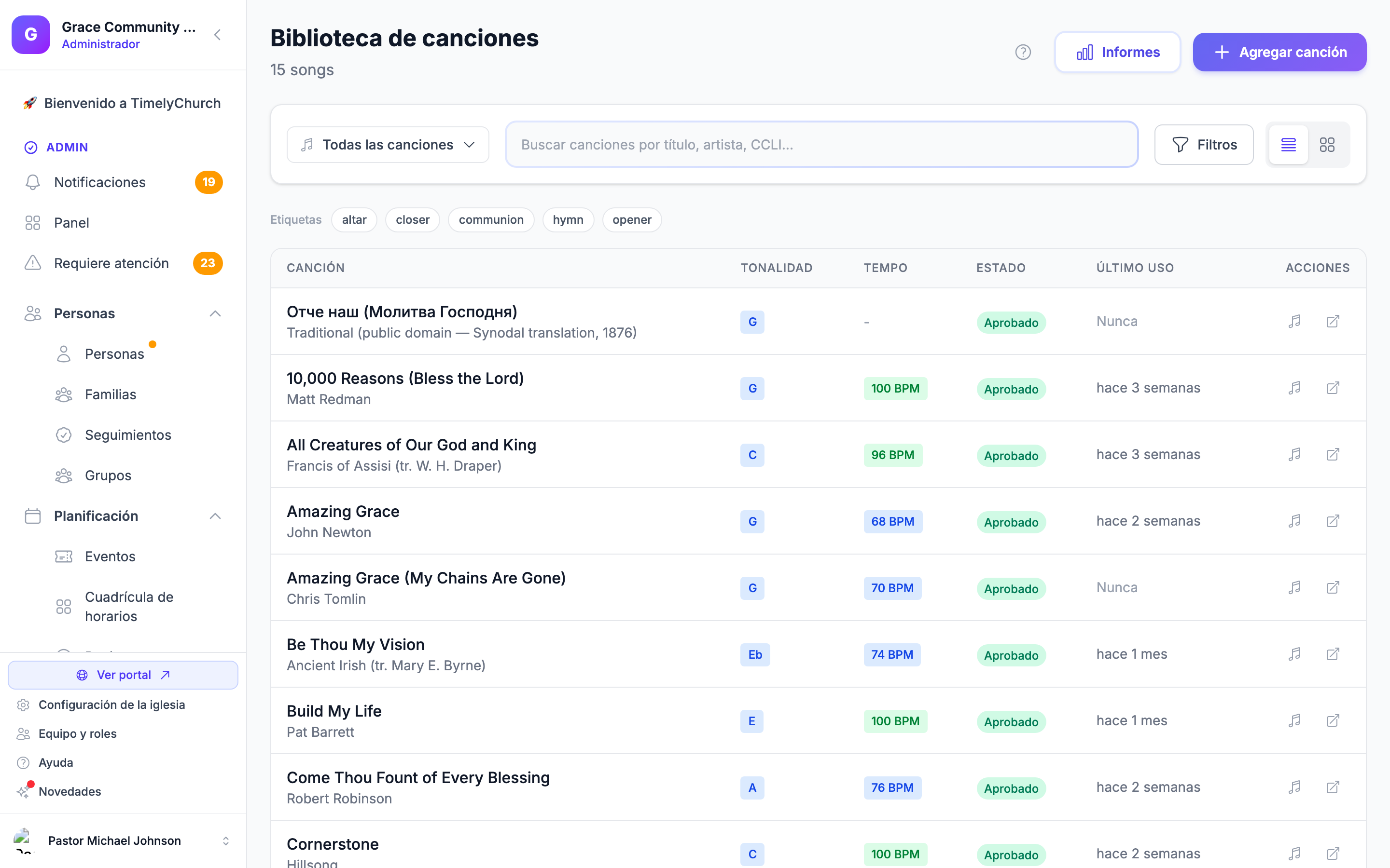 La Biblioteca de canciones: el catálogo de canciones de la iglesia con títulos, artistas, tonalidades y uso de un vistazo.