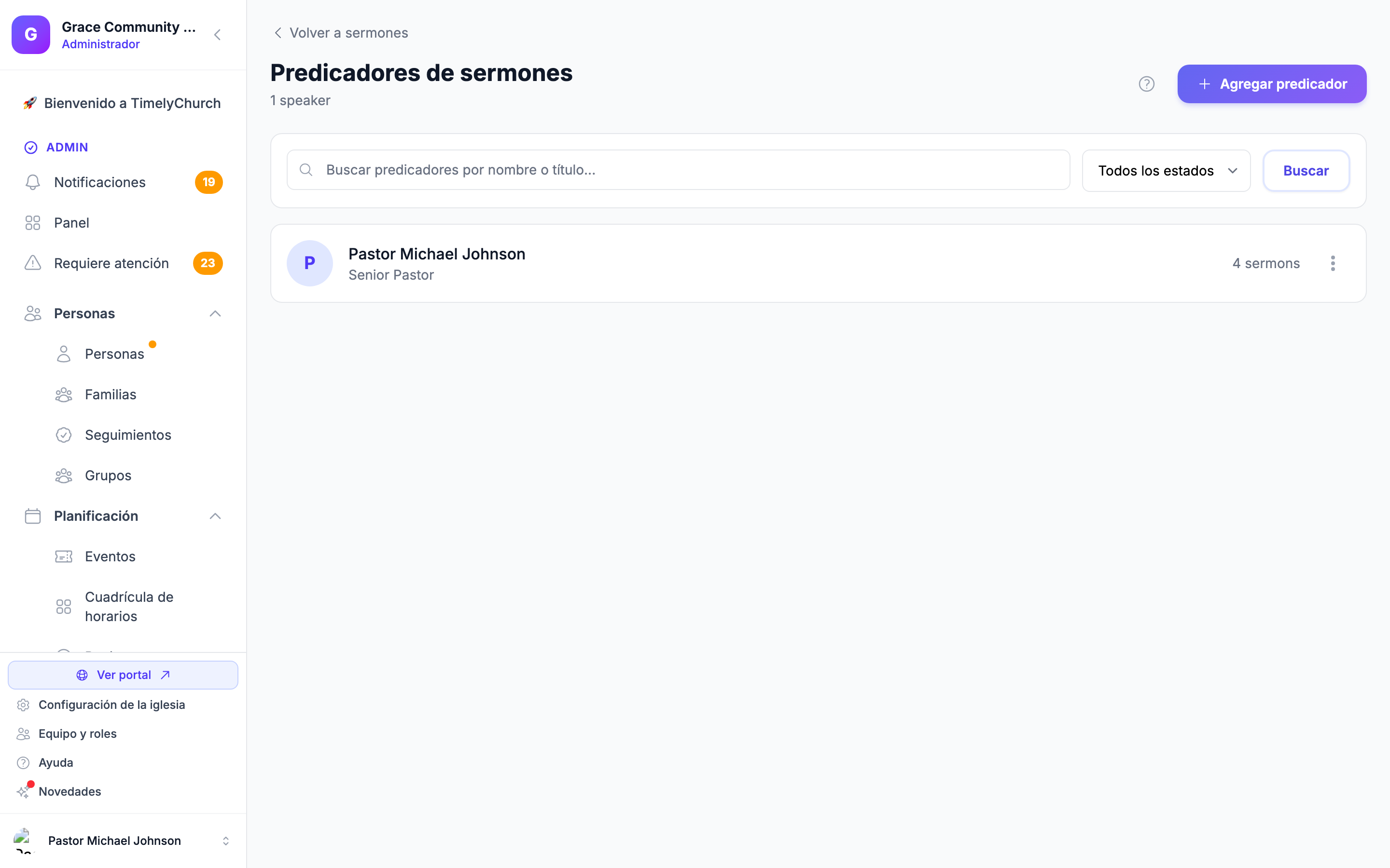 La página de Predicadores, donde se administra a cada predicador de la biblioteca de sermones.