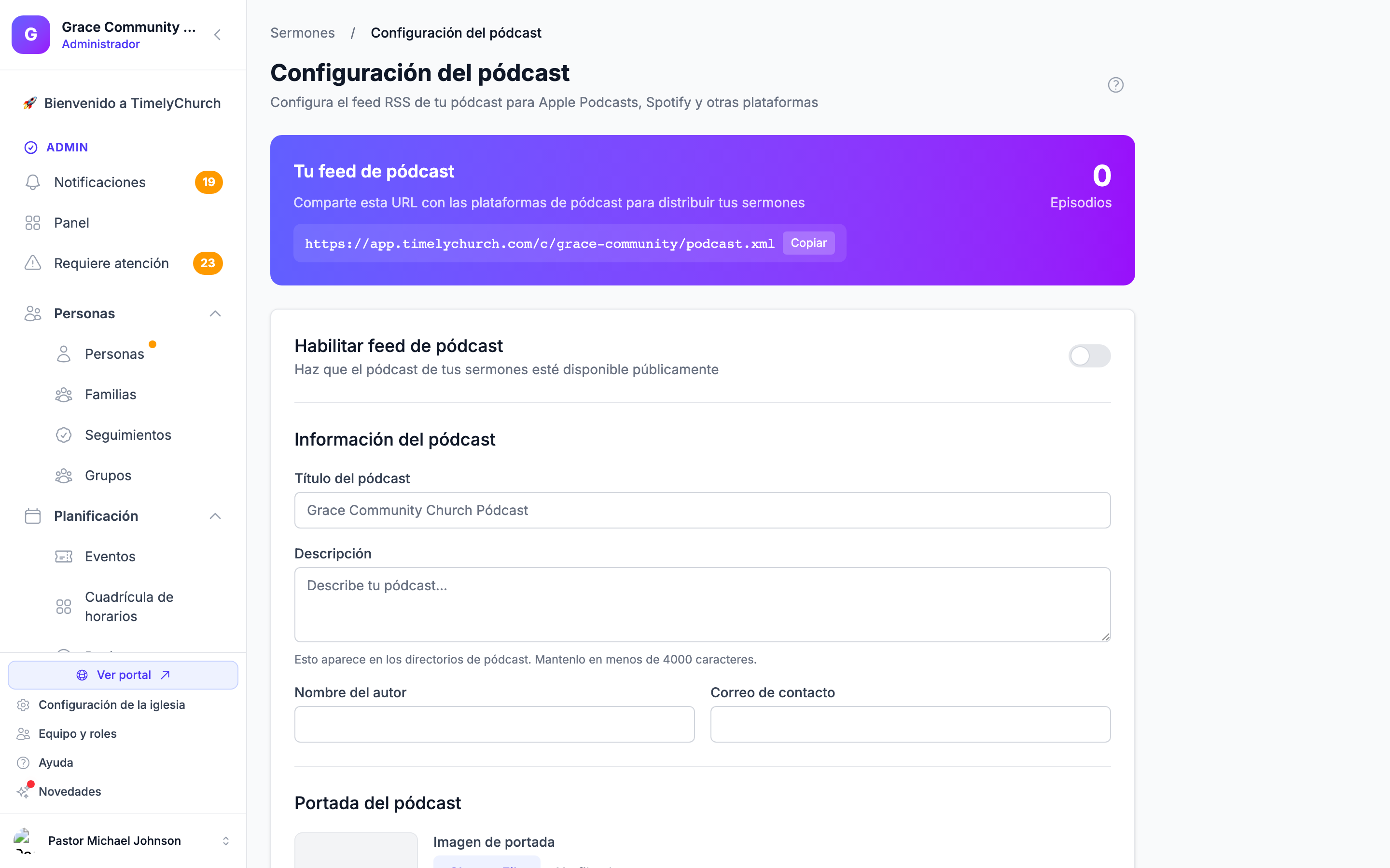 Configuración del pódcast: la URL del feed para compartir con las plataformas, el interruptor para activarlo y los campos de información del pódcast.