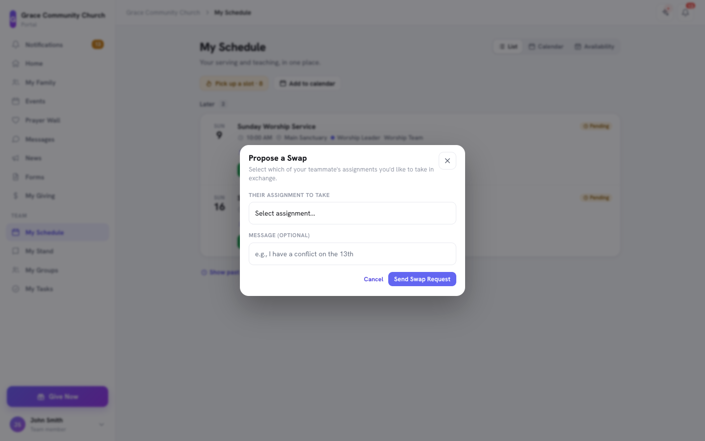 La página Mi Servicio con el botón Proponer intercambio de una asignación del equipo de adoración y el modal de solicitud de intercambio abierto