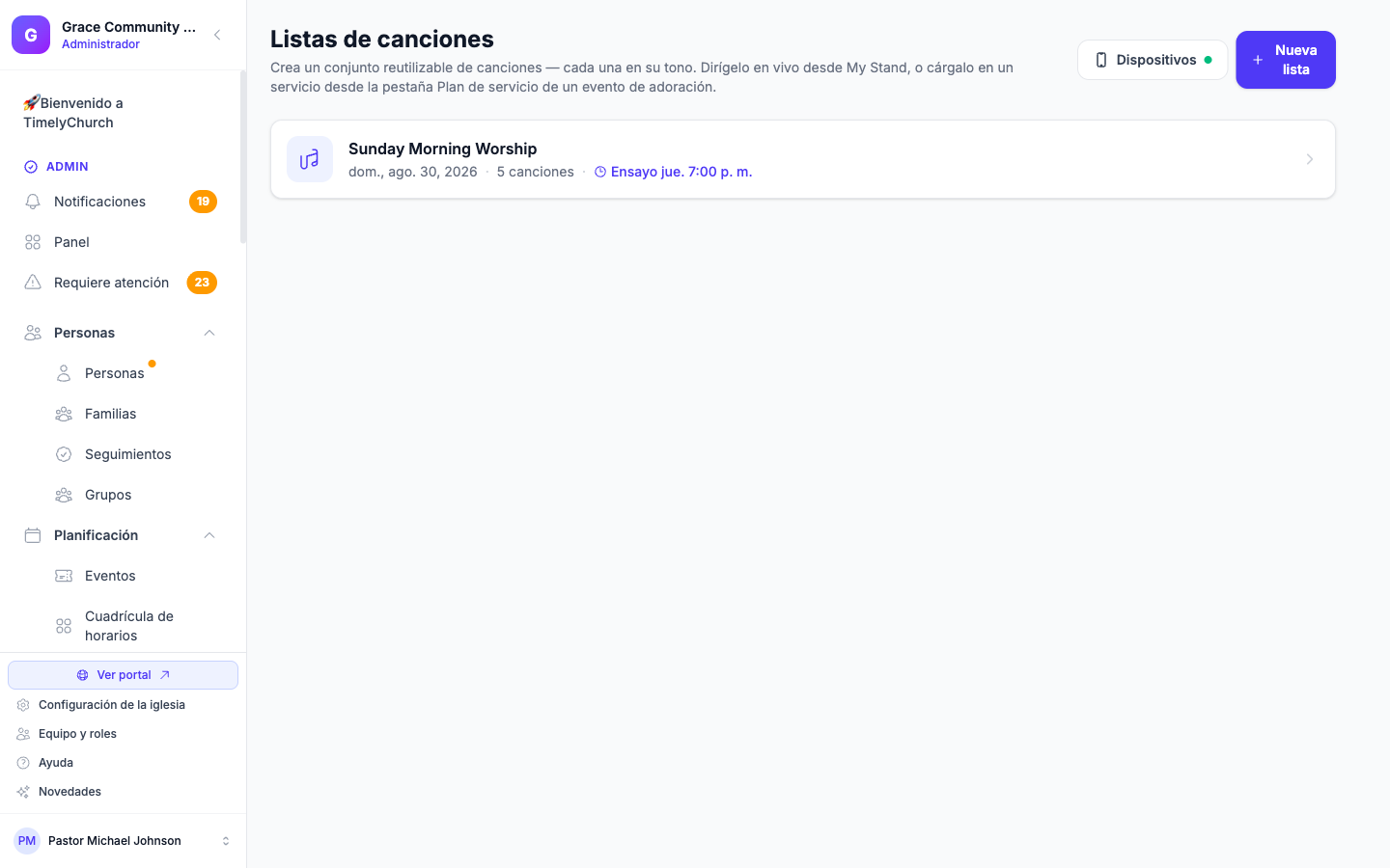 La página de Listas con el botón Dispositivos y su punto de estado, junto a Nueva lista