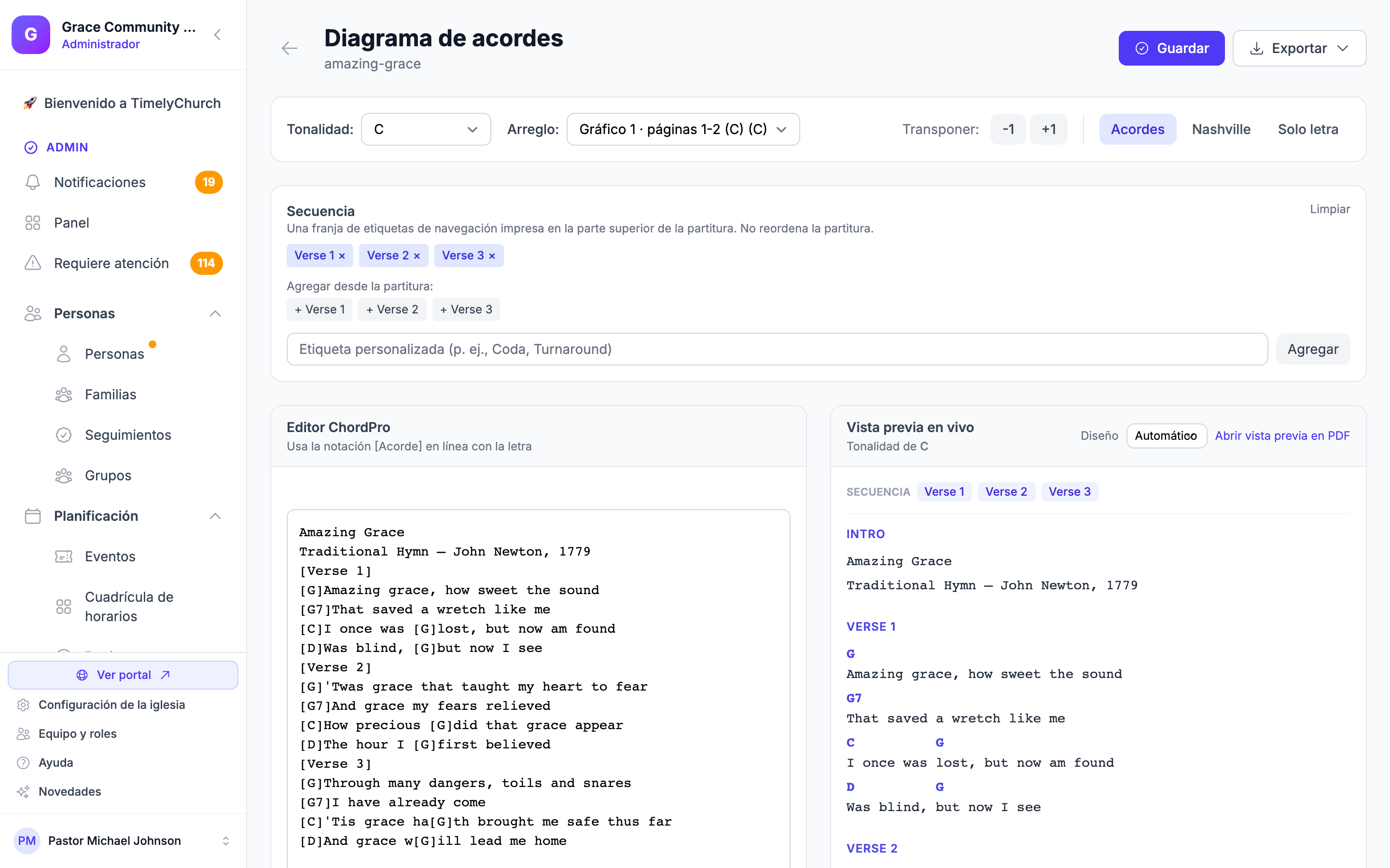 La canción importada abierta en la biblioteca con su diagrama de acordes