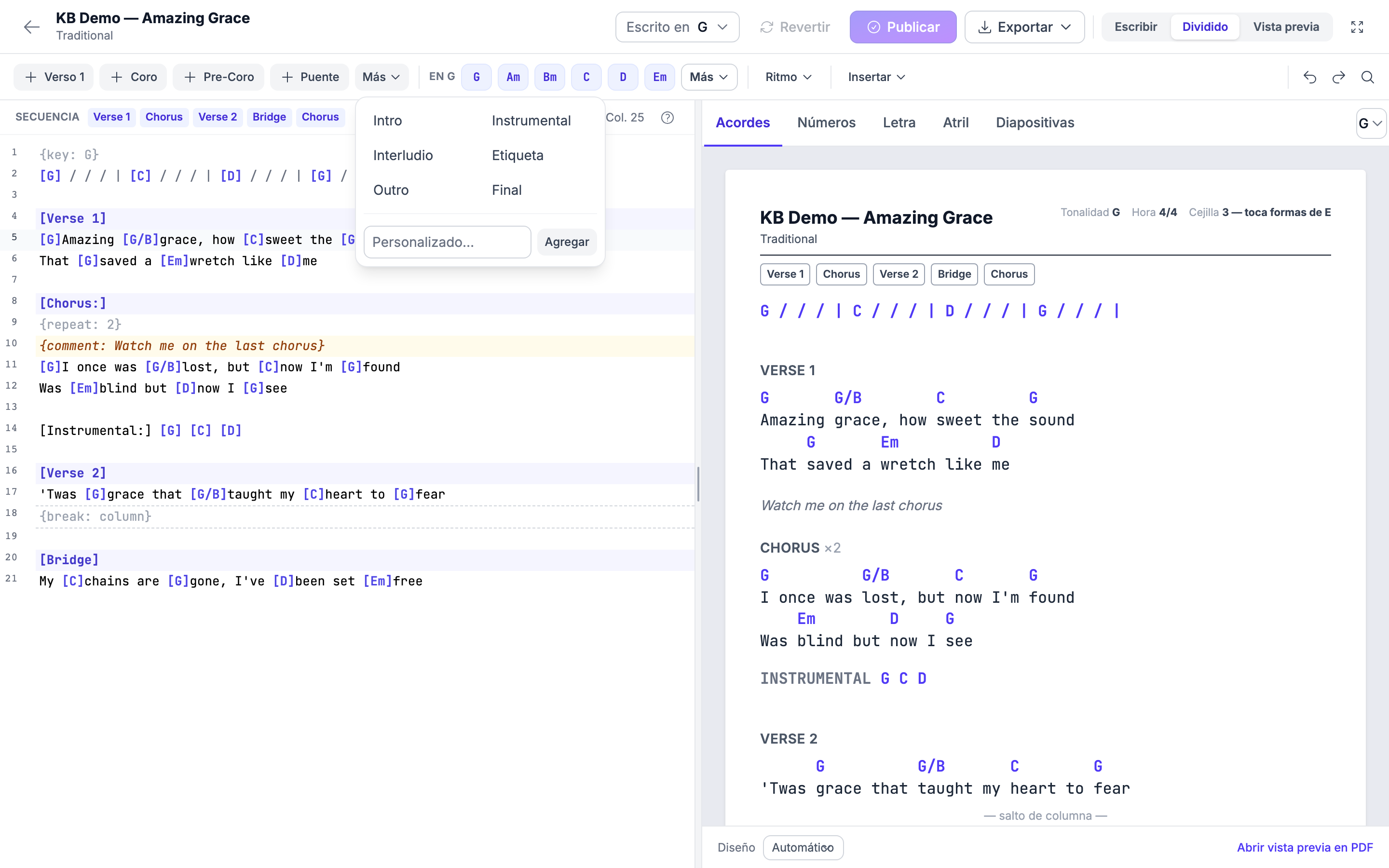 Las fichas de sección en la cinta con el menú Más abierto, mostrando Intro, Instrumental, Interludio, Etiqueta, Outro, Final y la opción de escribir una etiqueta personalizada