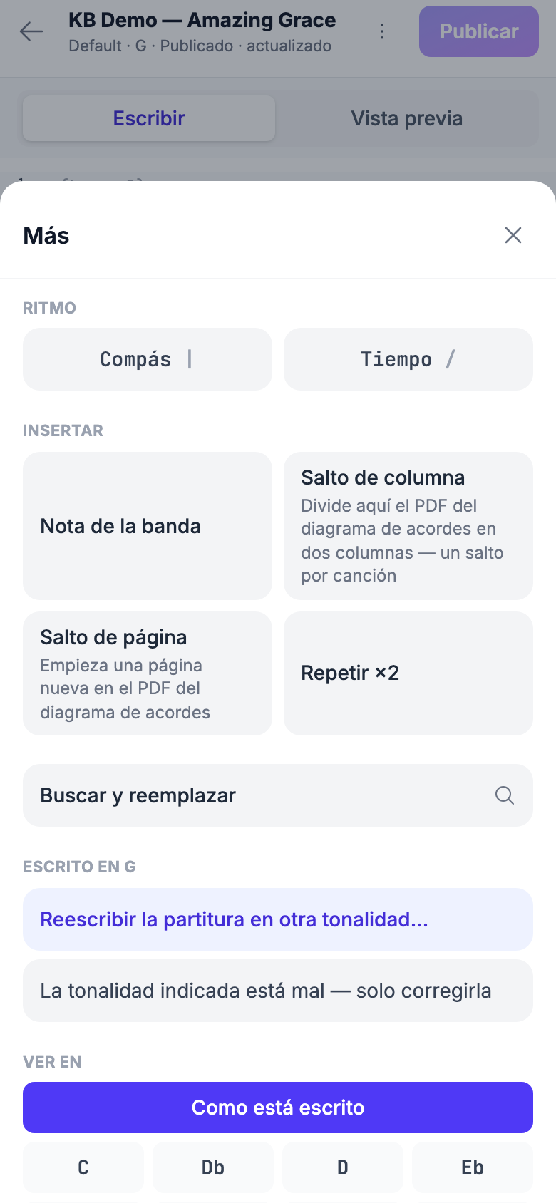 La hoja de Más abierta en un teléfono, llegando a ritmo, buscar, escrito en, ver en, secuencia, exportar y revertir