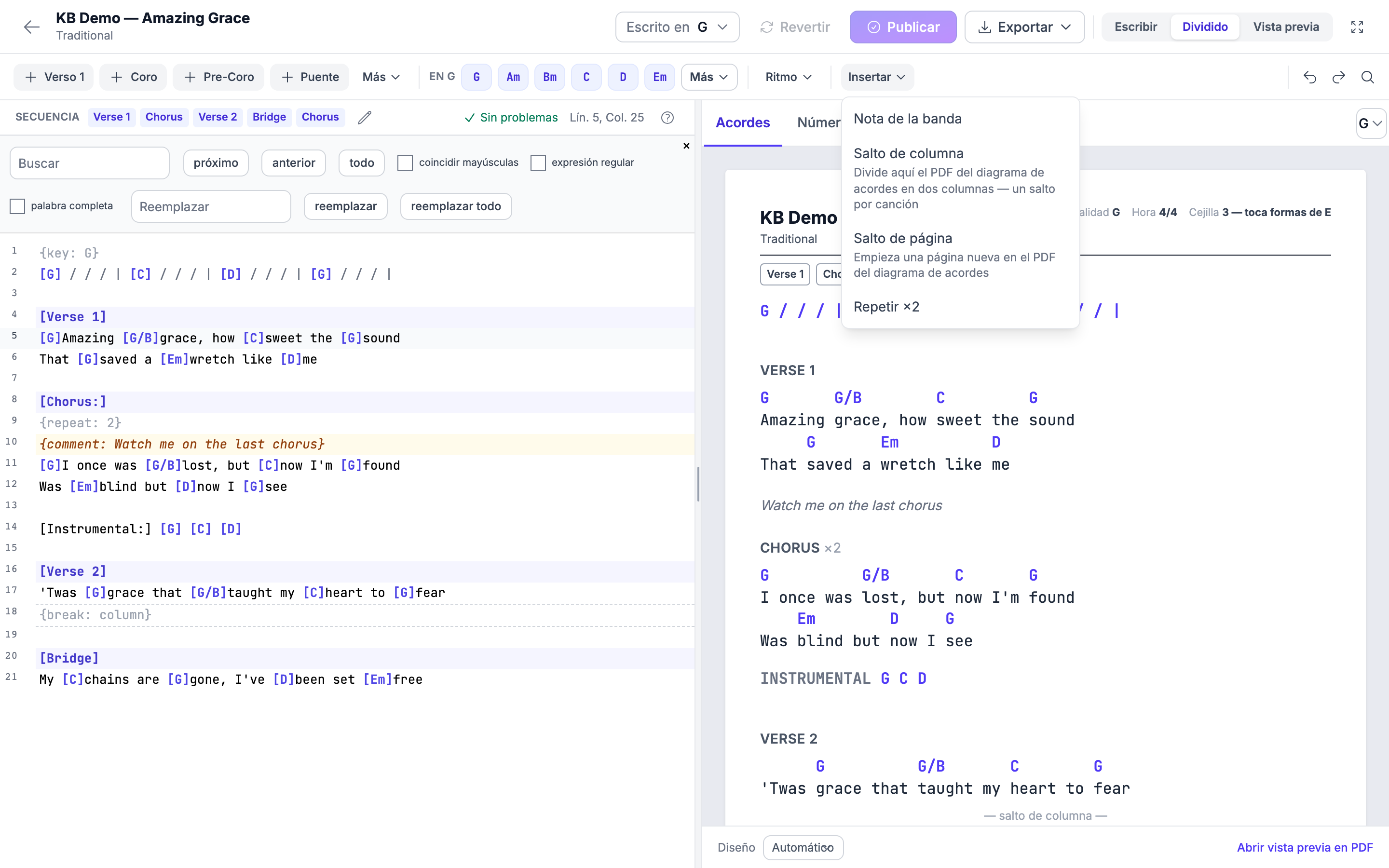 El menú Insertar de la cinta abierto encima de la barra Buscar, con Nota de la banda, Salto de columna con «Divide aquí el PDF del diagrama de acordes en dos columnas — un salto por canción», Salto de página con «Empieza una página nueva en el PDF del diagrama de acordes» y Repetir ×2