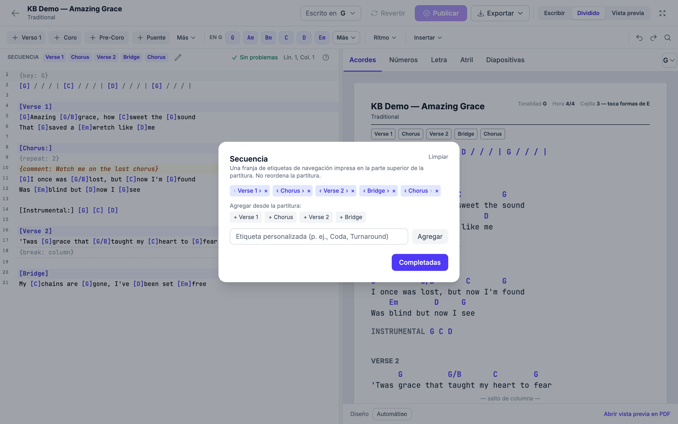 El editor de secuencia abierto, mostrando las secciones de la canción como fichas en orden de interpretación con los botones Mover a la izquierda, Mover a la derecha y Eliminar, la lista Agregar desde la partitura: y Completadas