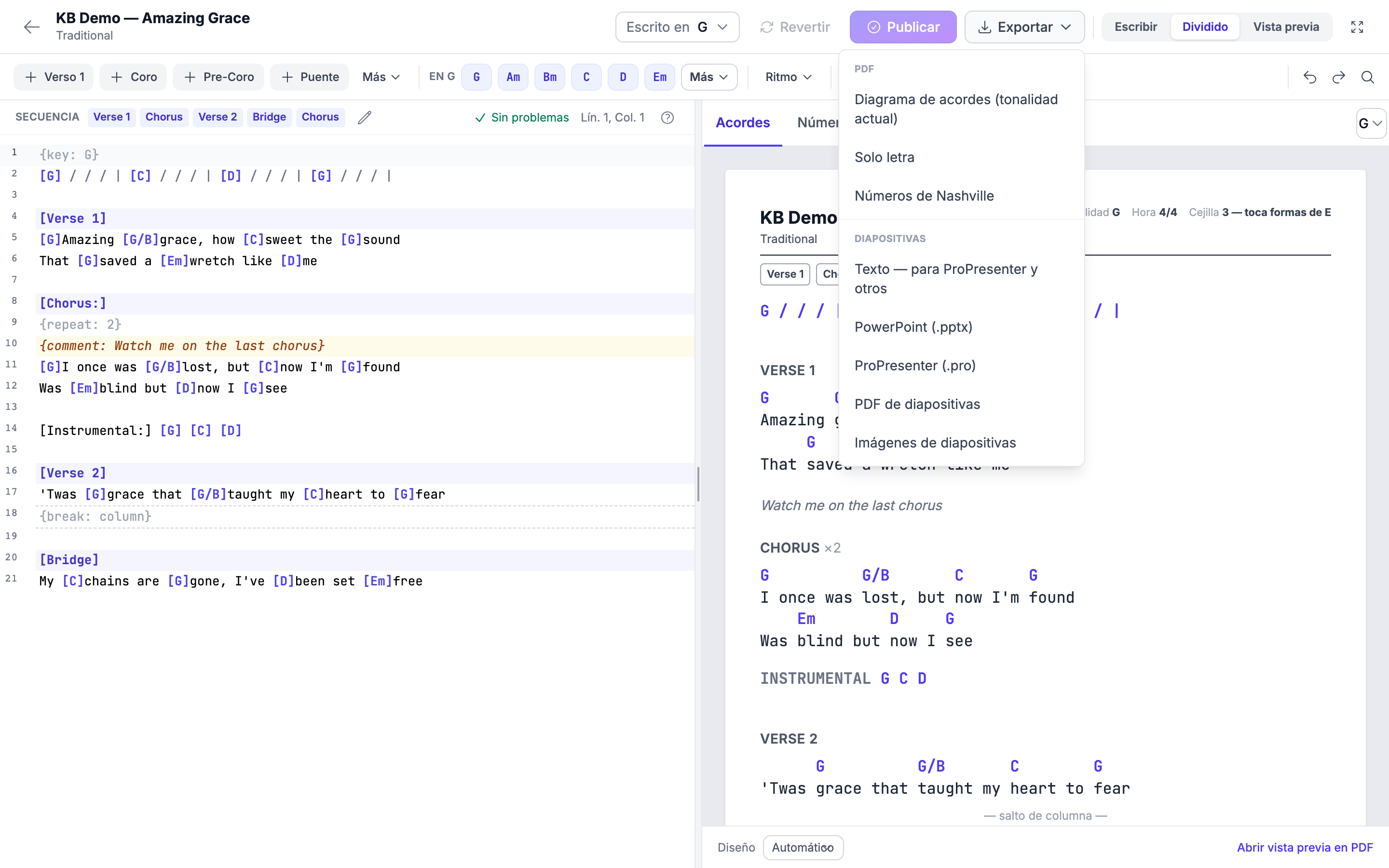 El menú Exportar abierto, con el PDF del diagrama de acordes, el PDF de letra, el PDF de Nashville, texto, PowerPoint, ProPresenter, el PDF de diapositivas y las imágenes de diapositivas