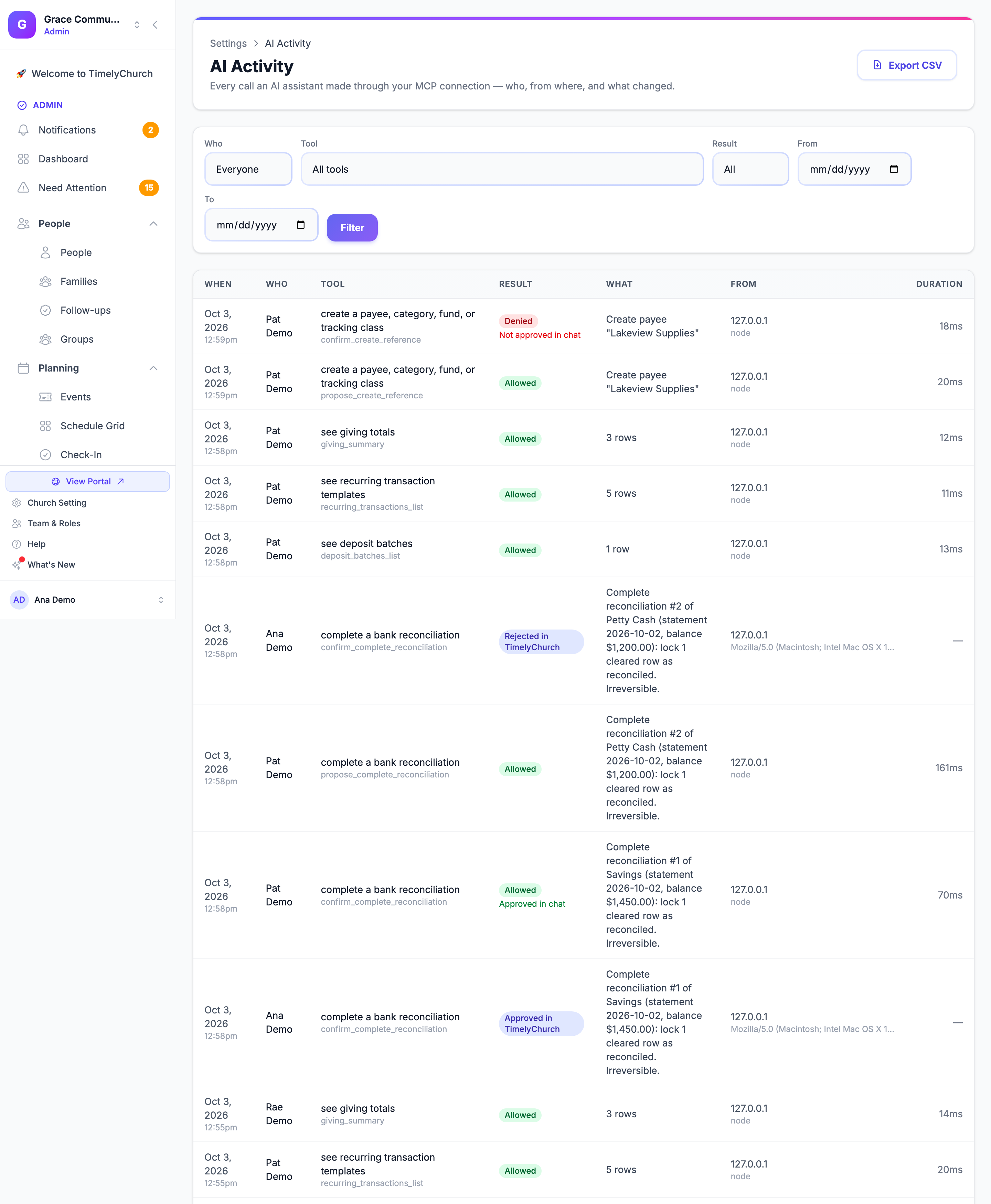 La página Actividad de IA con los filtros Quién, Herramienta, Resultado, Desde y Para, el botón Exportar CSV y una lista de entradas con Cuándo, Quién, Herramienta, Resultado, Qué, Desde y Duración
