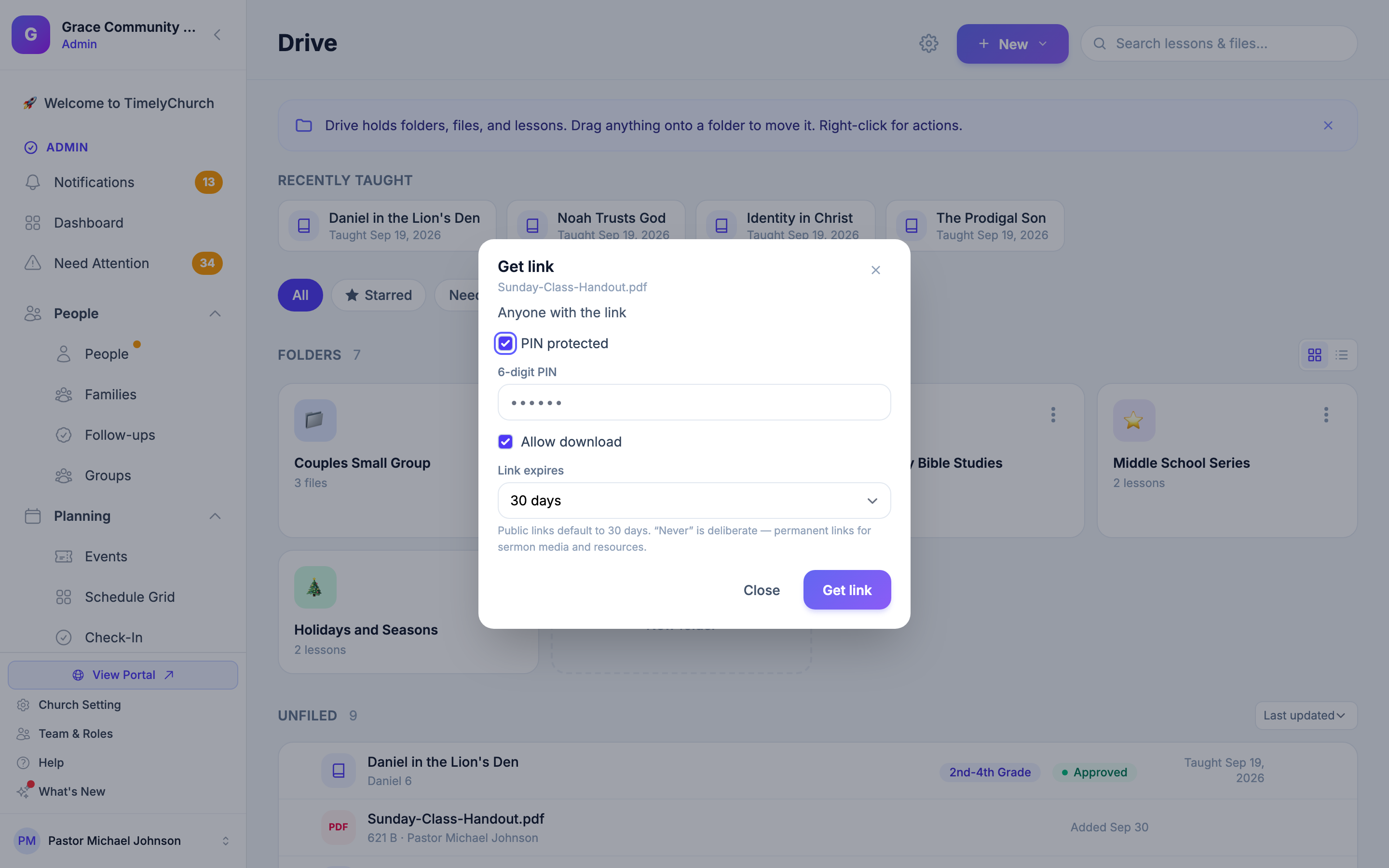 La ventana Obtener enlace en Drive con Protegido con PIN, Permitir descarga y El enlace caduca en 30 días