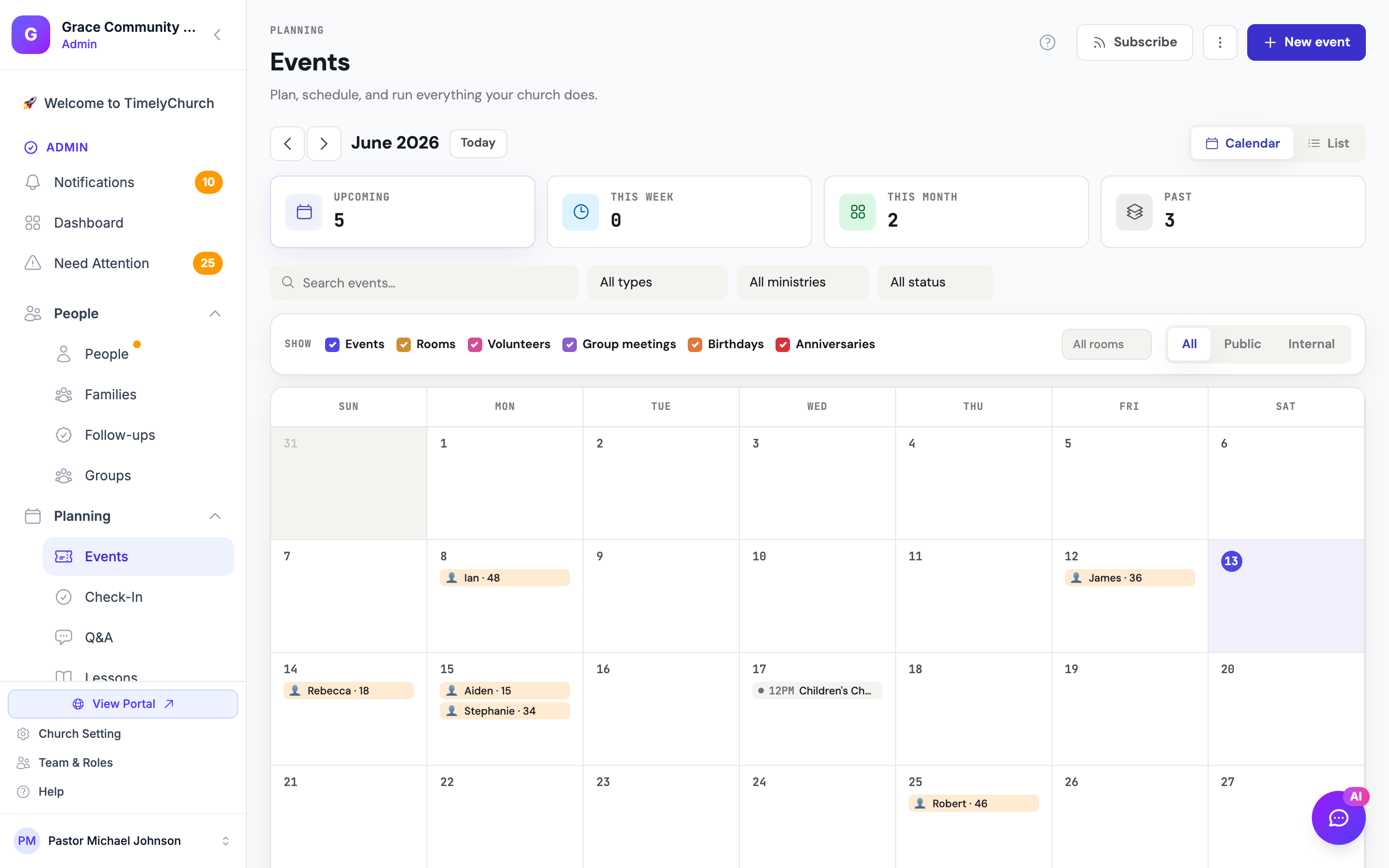 La página de Eventos mostrando el mensaje de confirmación después de crear un evento