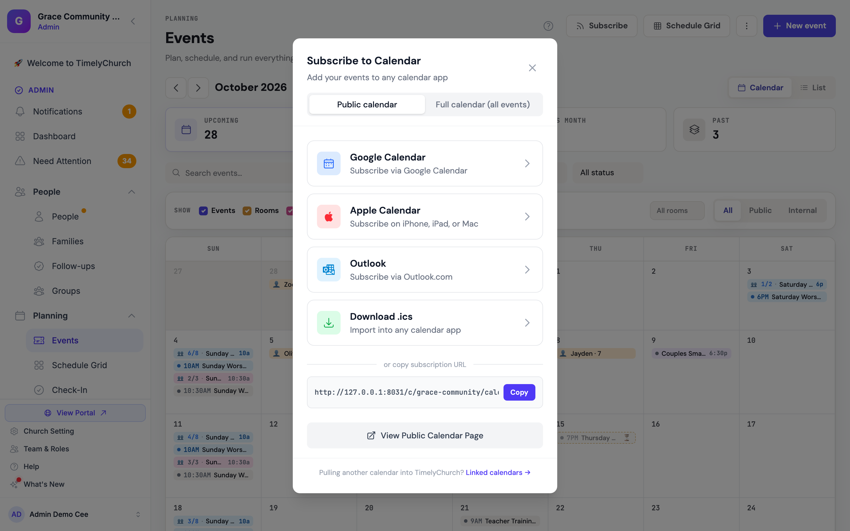 El cuadro Suscribirse al calendario en la página Eventos mostrando las pestañas Calendario público y Calendario completo (todos los eventos) y las opciones Google Calendar, Calendario de Apple, Outlook y Descargar .ics