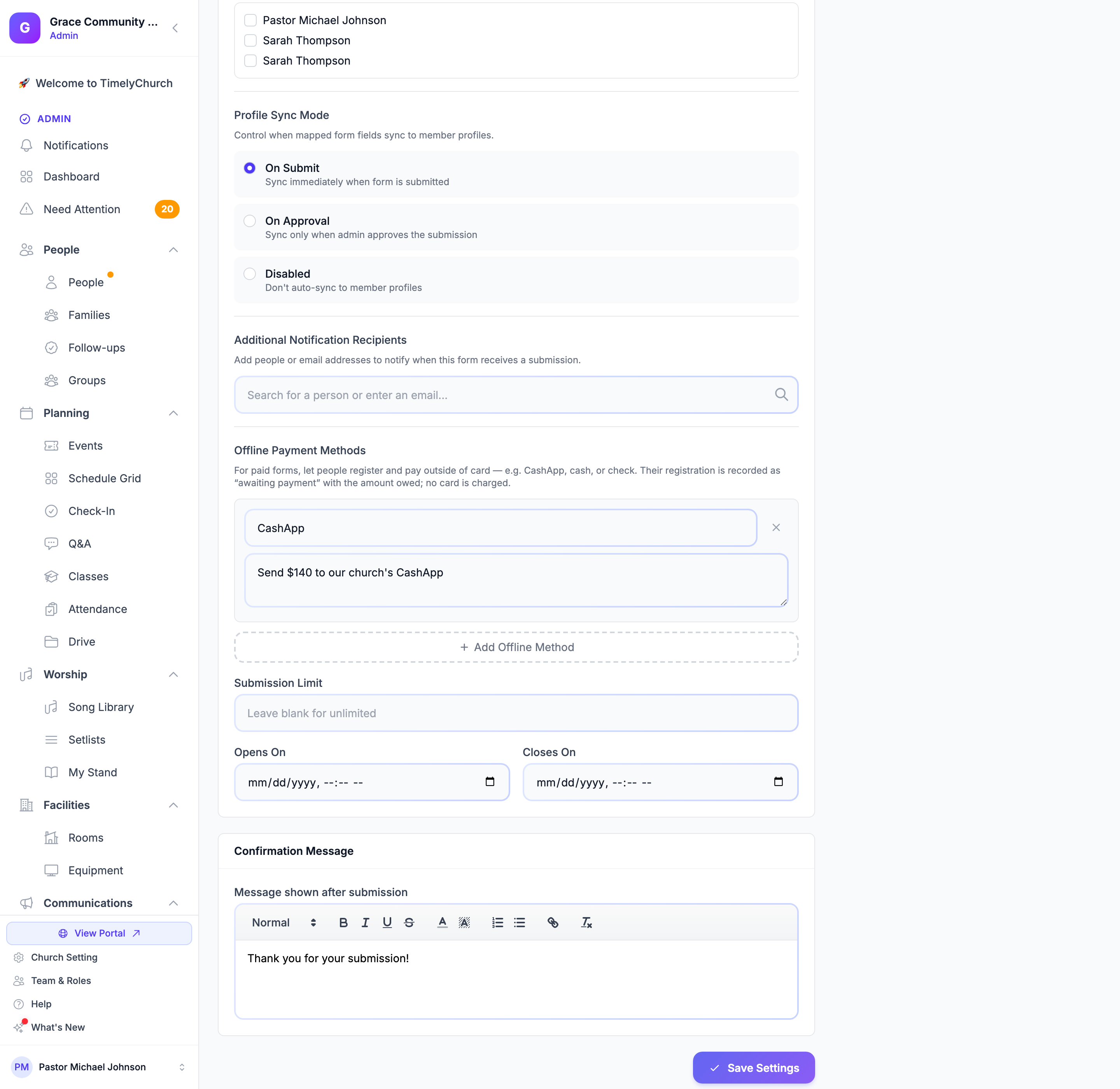 La tarjeta Métodos de pago sin conexión en la pestaña Configuración de un formulario con un método llamado CashApp y sus instrucciones de pago, y el botón Añadir método sin conexión