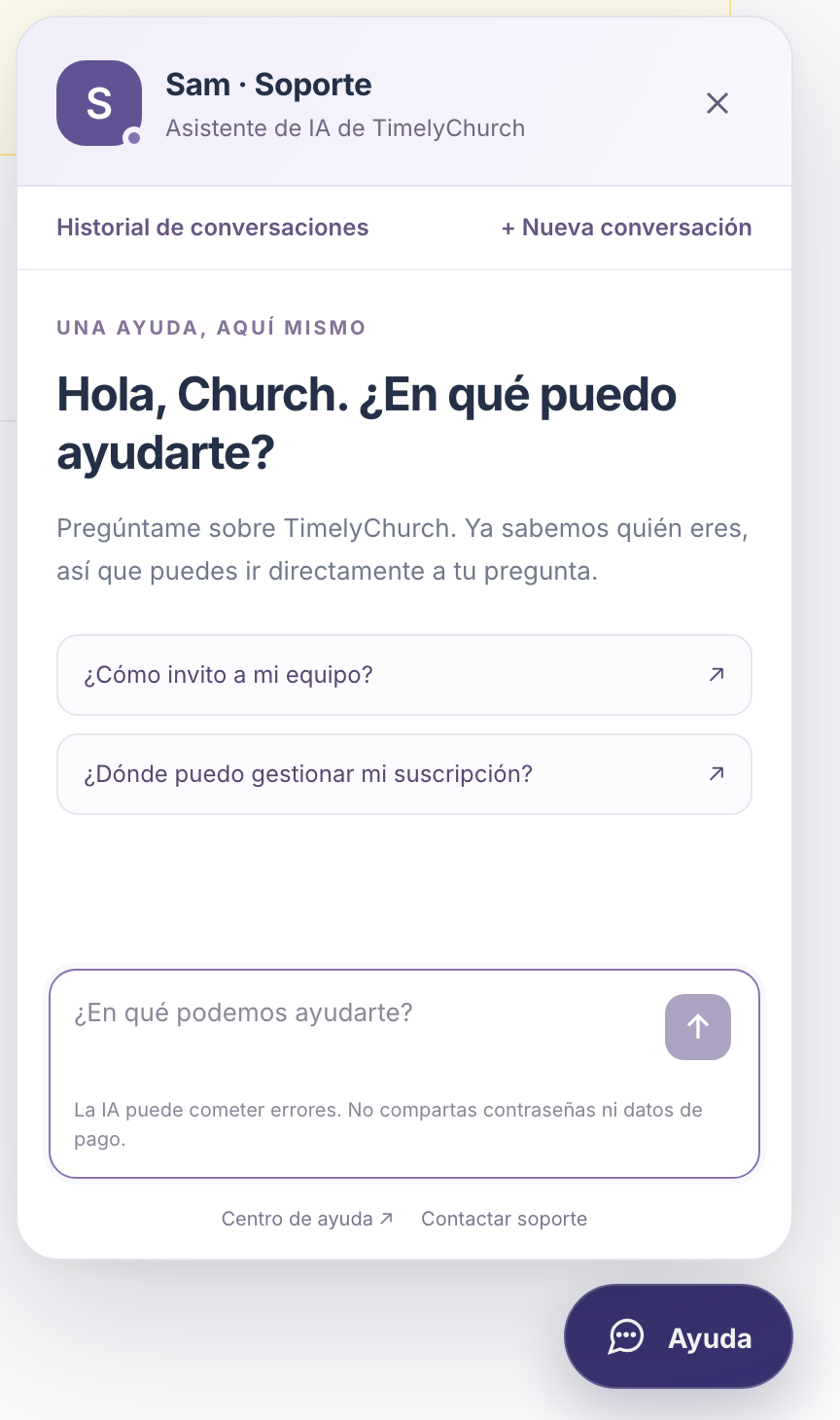El botón Ayuda en la esquina inferior derecha y el panel "Sam · Soporte" abierto con el saludo "Hola, … ¿En qué puedo ayudarte?", las dos preguntas de inicio, el cuadro de mensaje y los enlaces Centro de ayuda / Contactar soporte en la parte inferior