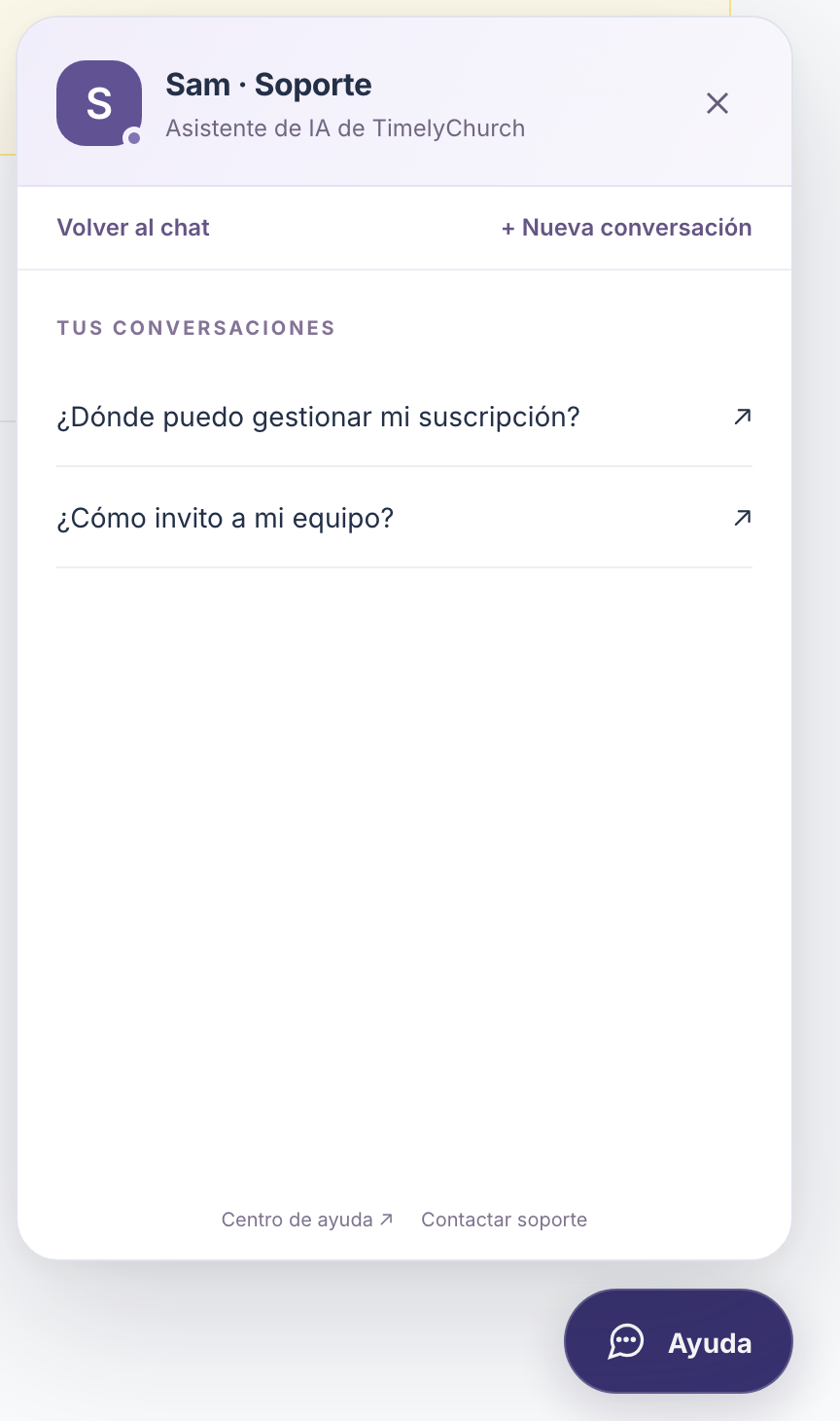 El panel de Sam mostrando "Tus conversaciones" con algunas conversaciones anteriores y los botones "Volver al chat" y "+ Nueva conversación"
