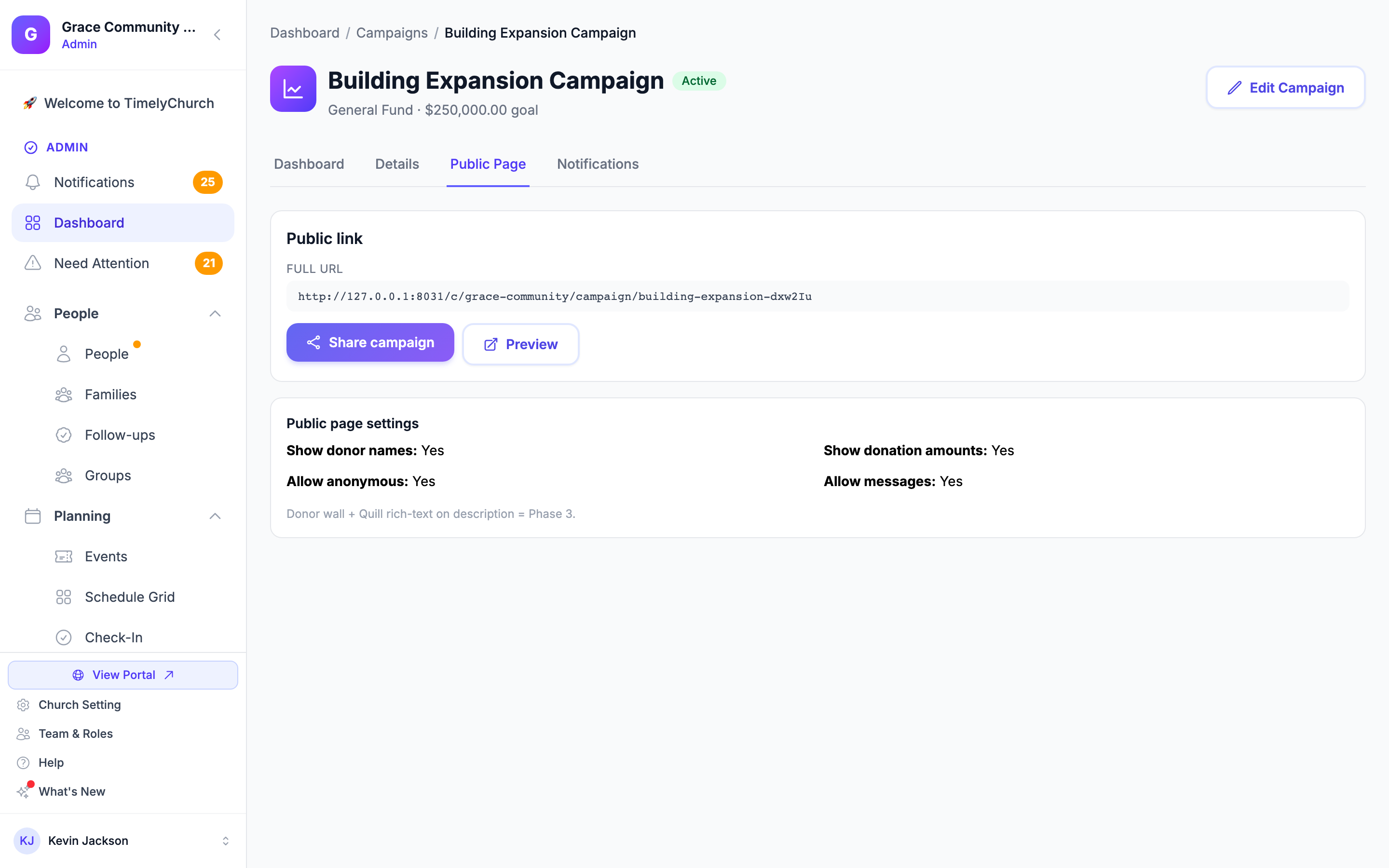 La pestaña Página pública de una campaña mostrando la URL completa, los botones Compartir campaña y Vista previa y el cuadro Configuración de la página pública