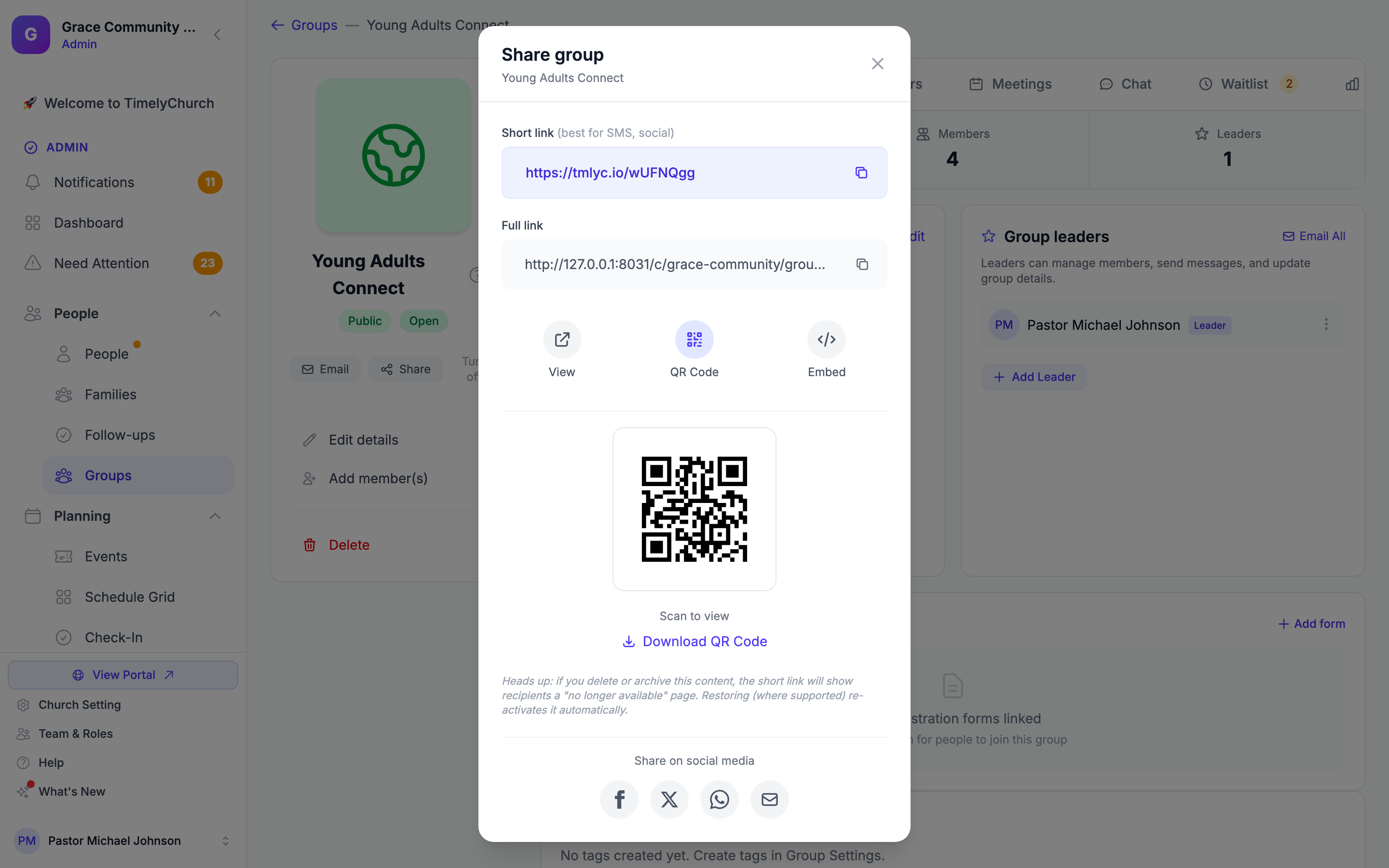 La ventana Compartir grupo con el enlace corto, el enlace completo y el código QR