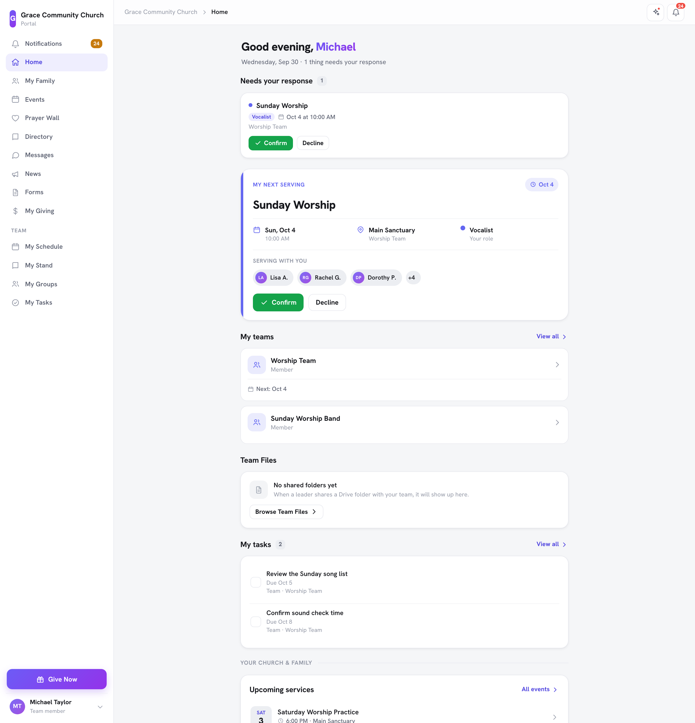 La página de Inicio del portal del miembro para alguien que sirve en un equipo, con Necesita tu respuesta, Mi próximo servicio y Mis equipos